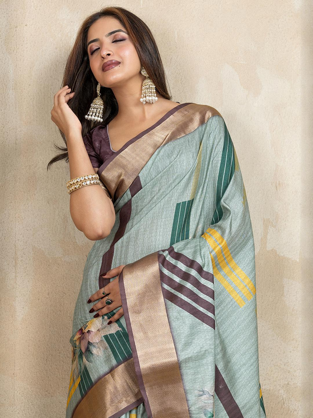JYA Printed Tissue Silk Saree For Women With Blouse Piece