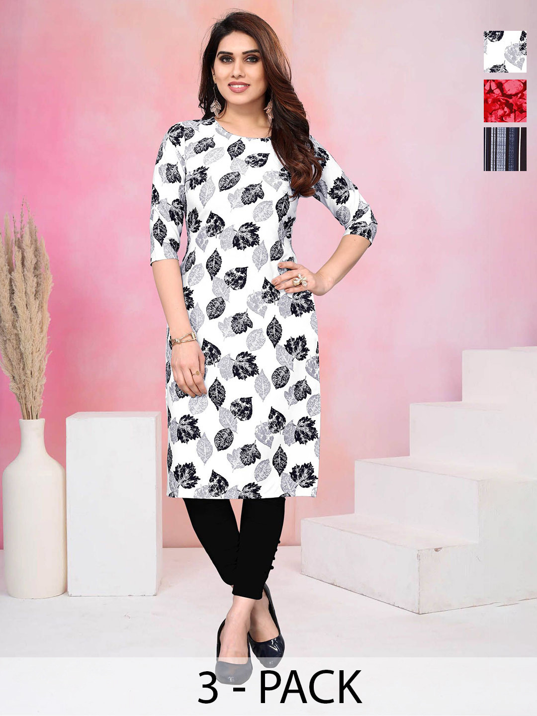 KETAKI FASHION Collection Of 3 Floral Printed Round Neck Crepe Kurta