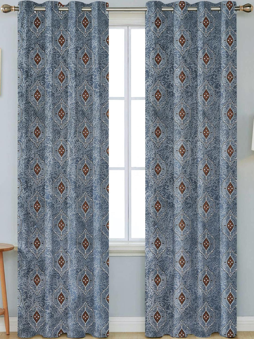 Ruhi Home Furnishing Blue Set of 2 Floral Room Darkening Window Curtain
