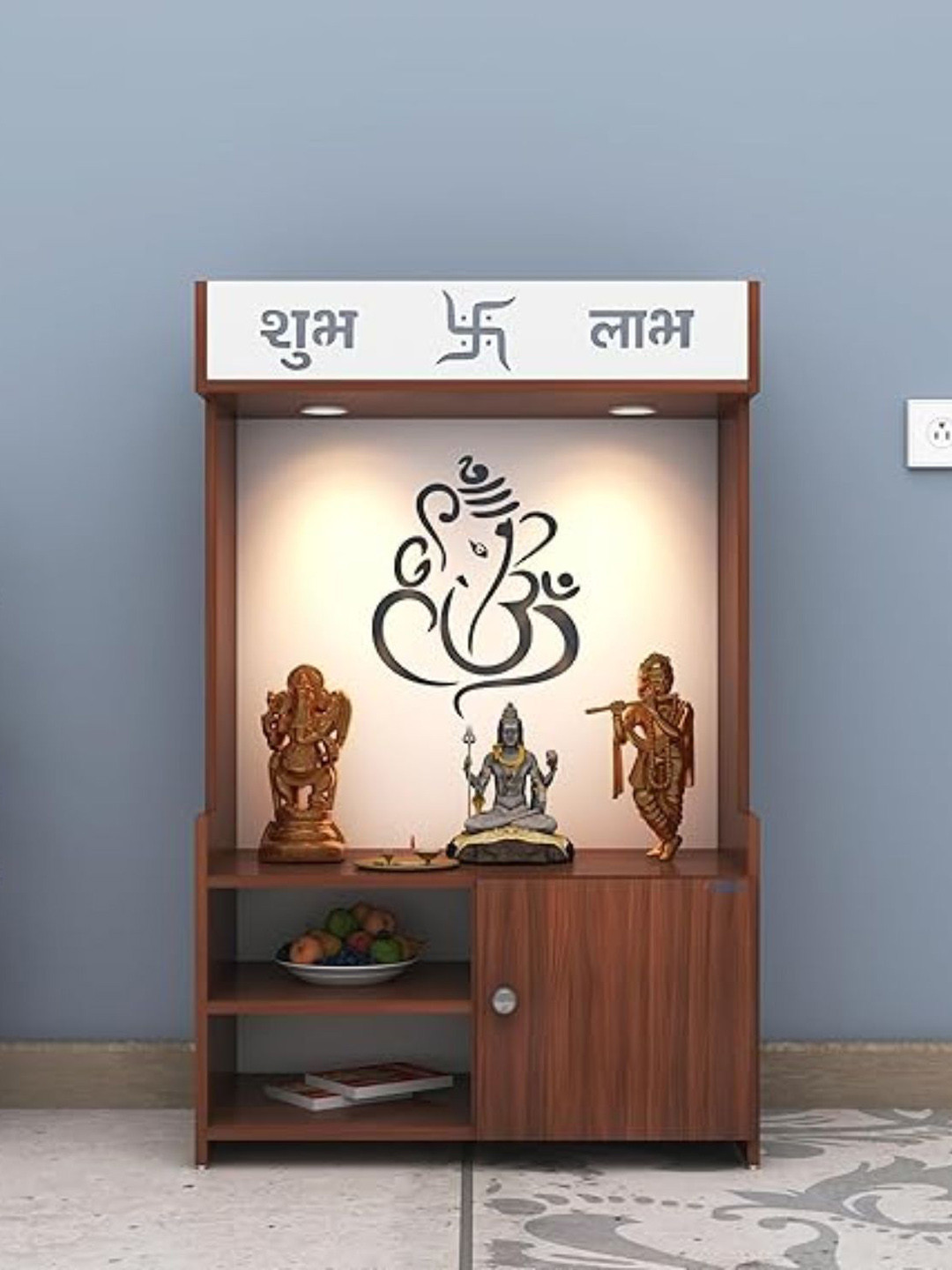 ANIKAA White Engineered Wooden LED Light Lord Ganesh Home Temple