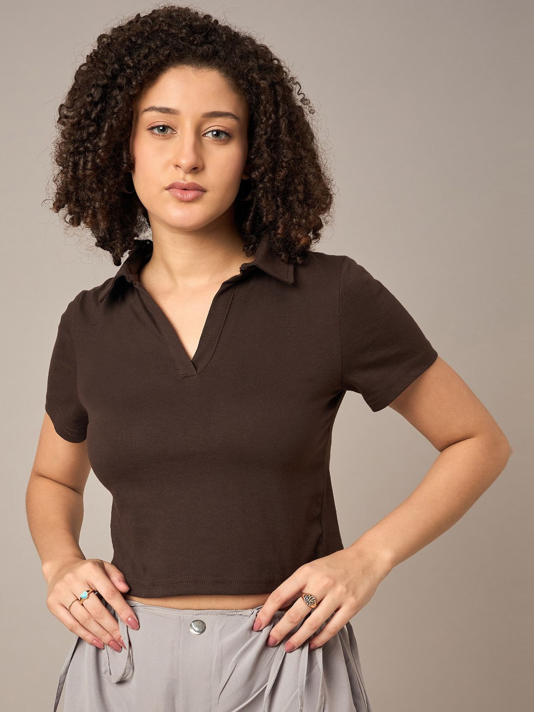 R.Code by The Roadster Life Co.Short Sleeves Polo Collar Cotton Crop T-shirt