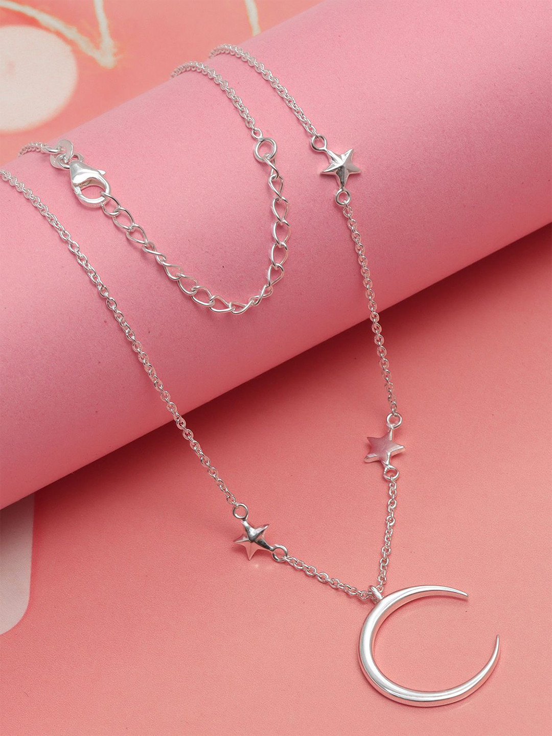 LeCalla 925 Sterling Silver Silver-Plated Crescent Moon & Star Pendant With Chain