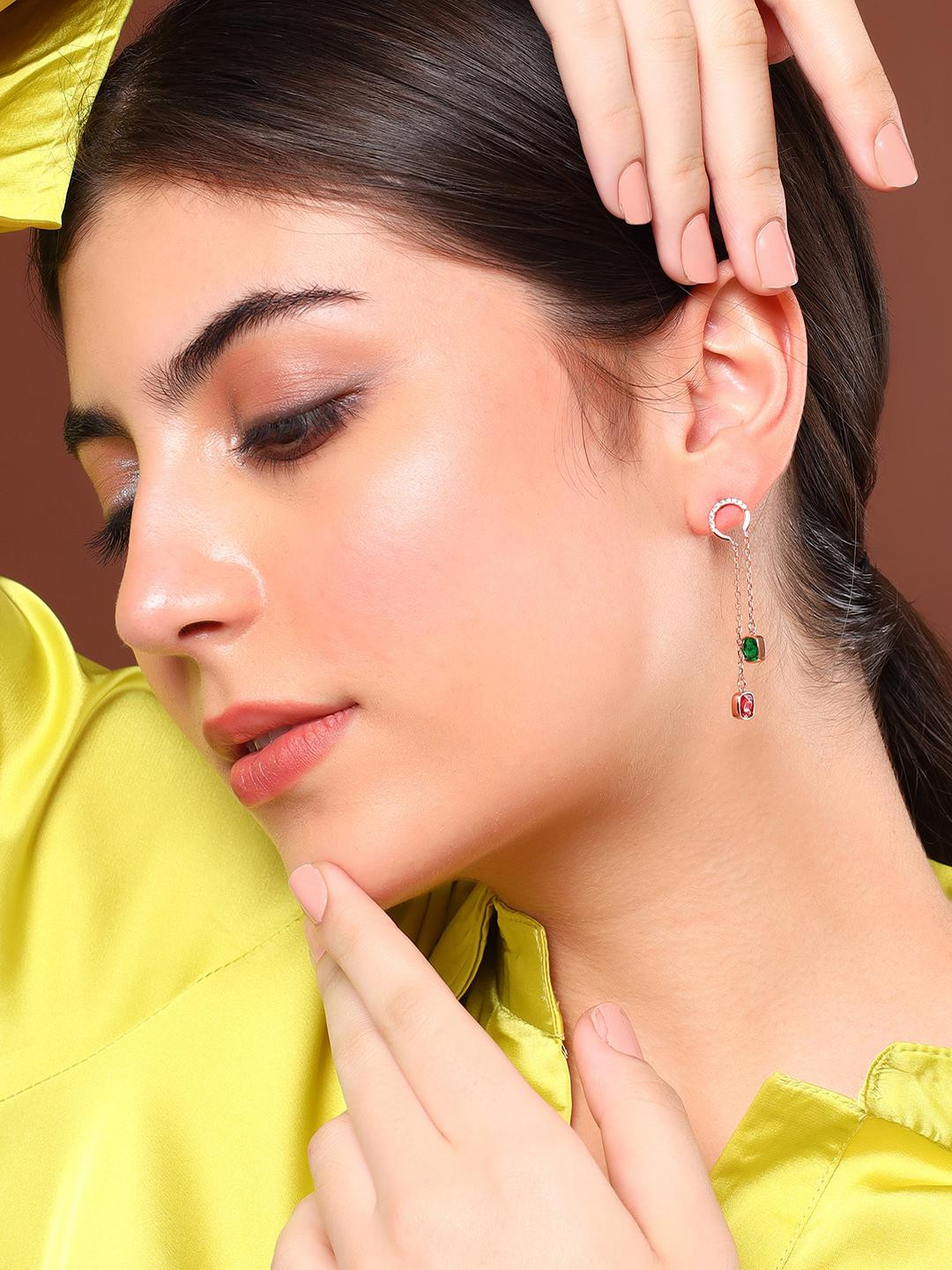 Beenth & Doneth Women Emerald & Ruby Rose Gold-Plated Drop Earrings