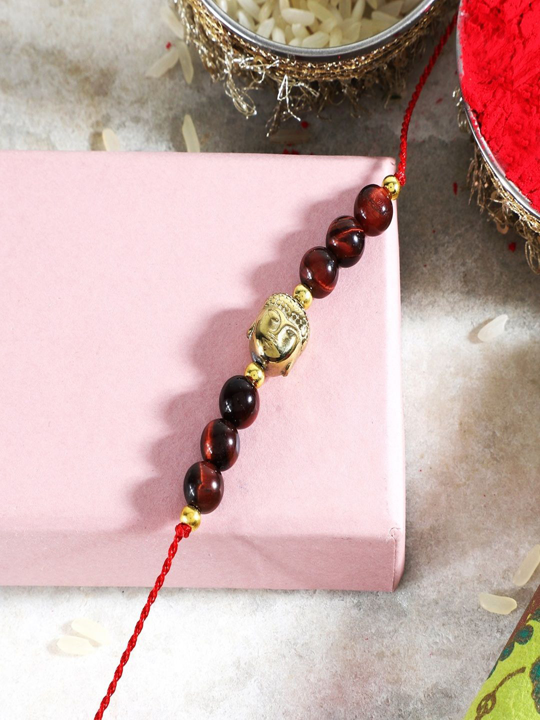 Nirvana Beaded Adjustable Buddha Rakhi With Roli Chawal & Eco Box