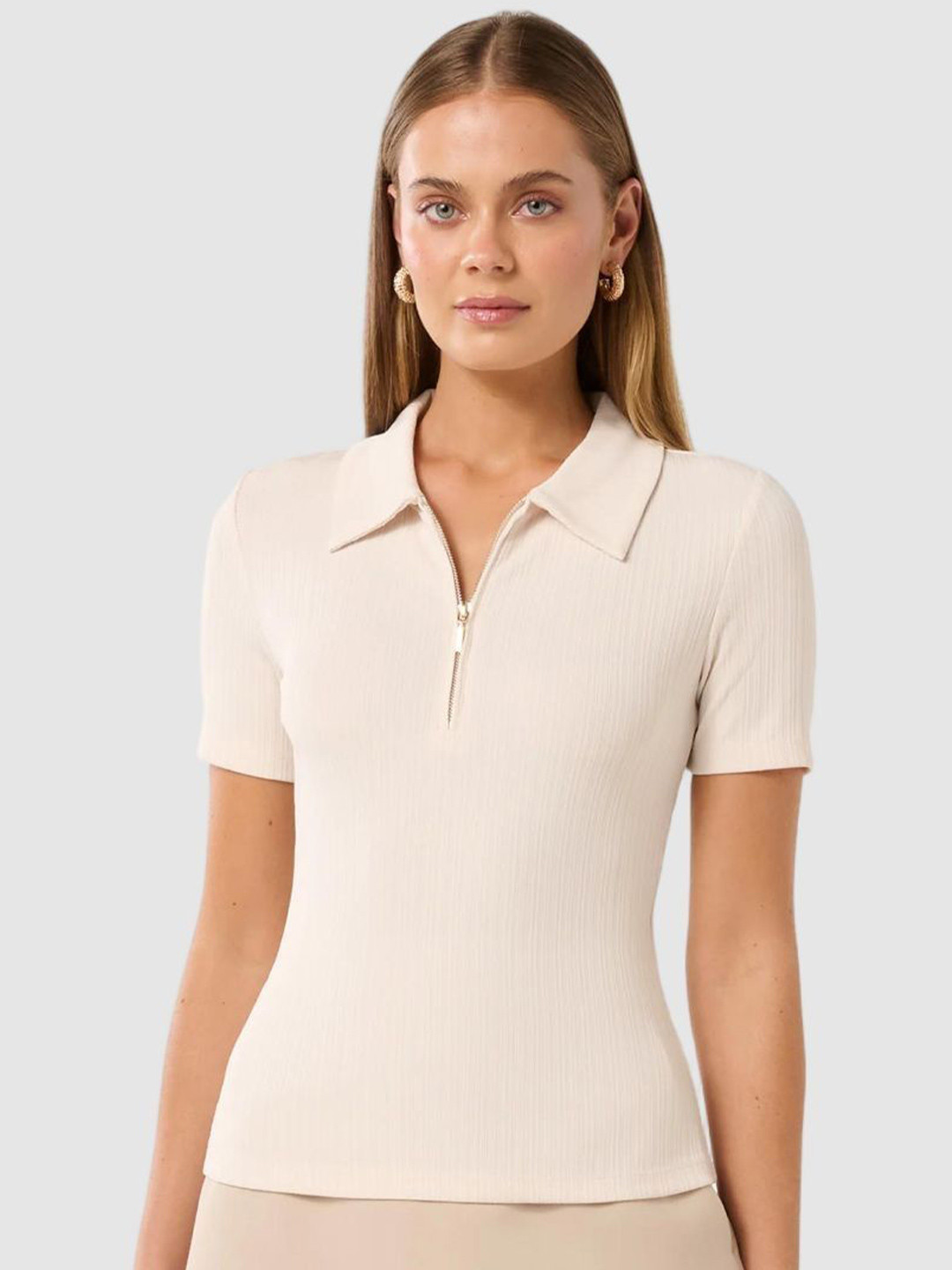 Forever New Women Ribbed Shirt Collar Fitted Top