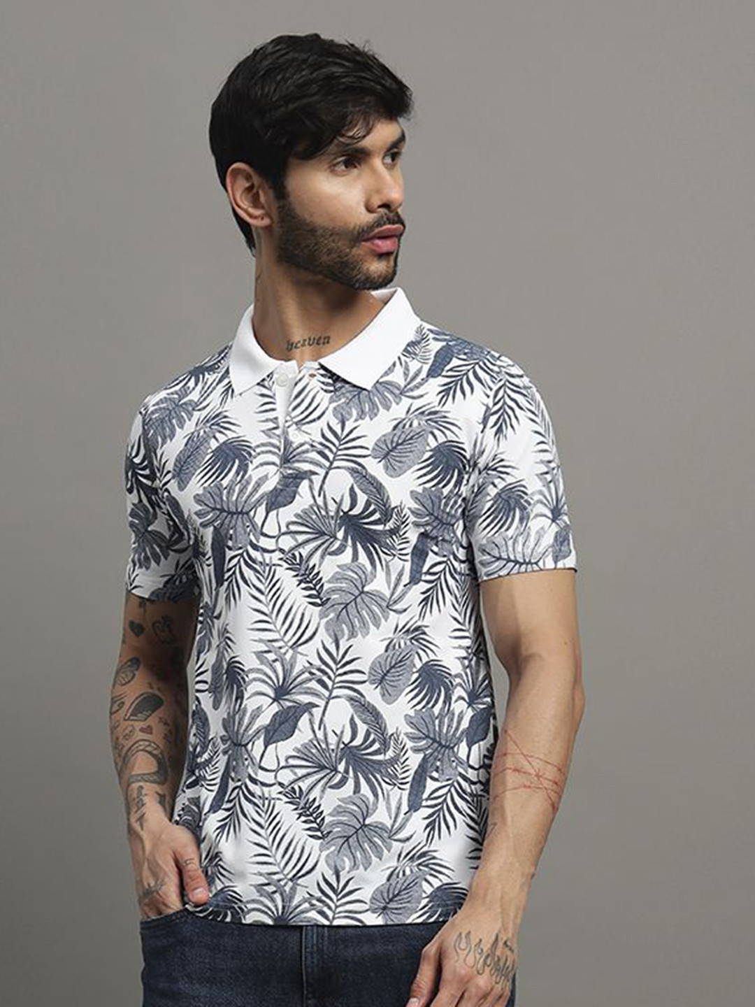 TIMBER HITCH Men Floral Printed Polo Collar Slim Fit T-shirt