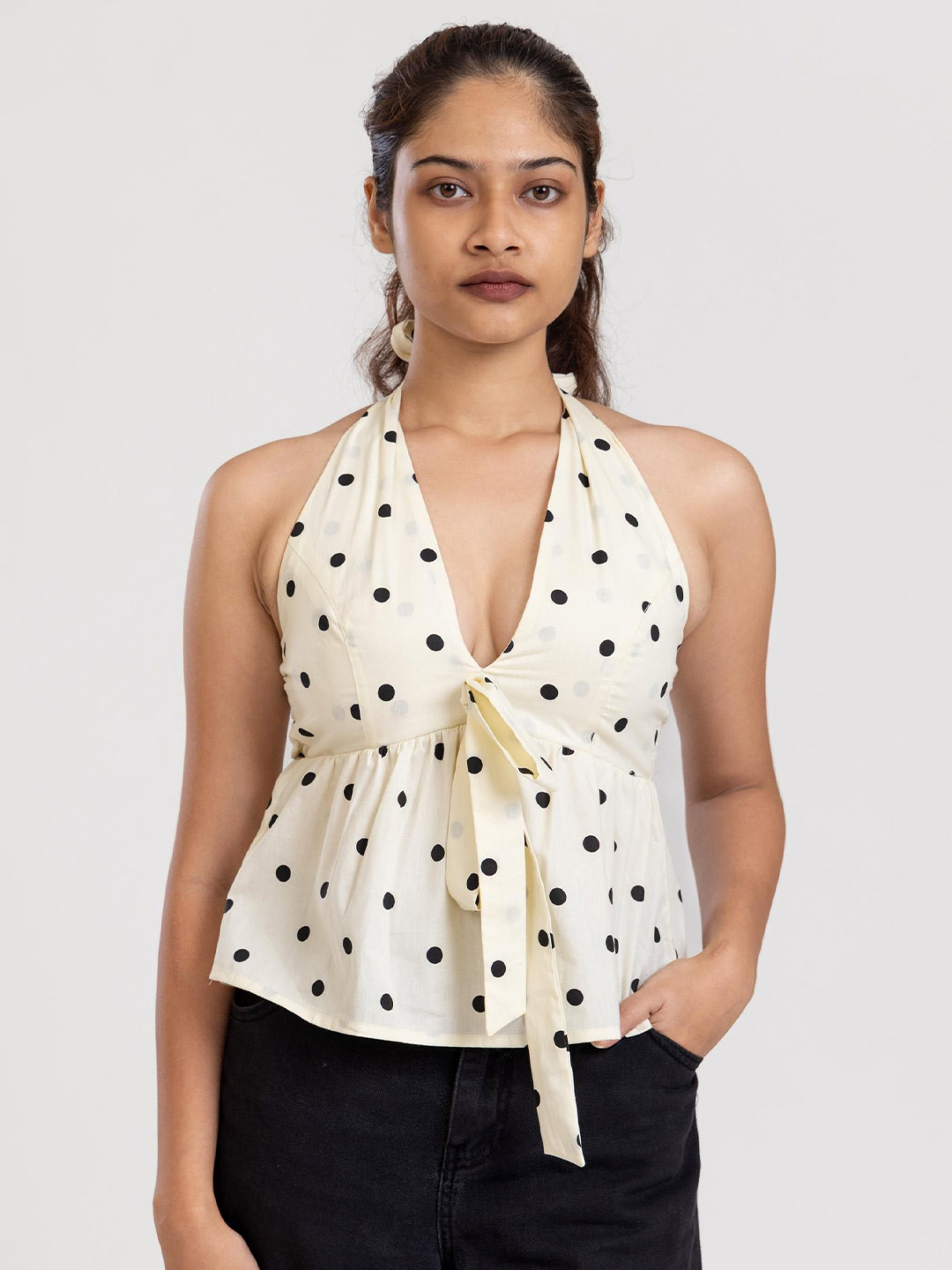 Past Modern Women Polka Dot Print Halter Neck Cotton Crop Top