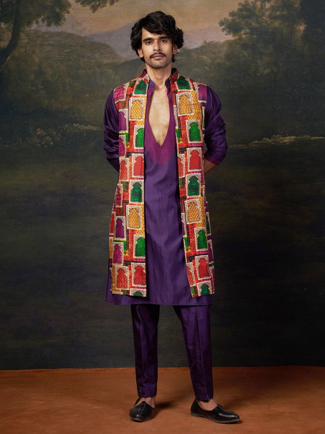 THETAA Men Solid Yoke Design Silk Kurta with Trousers & Jacket