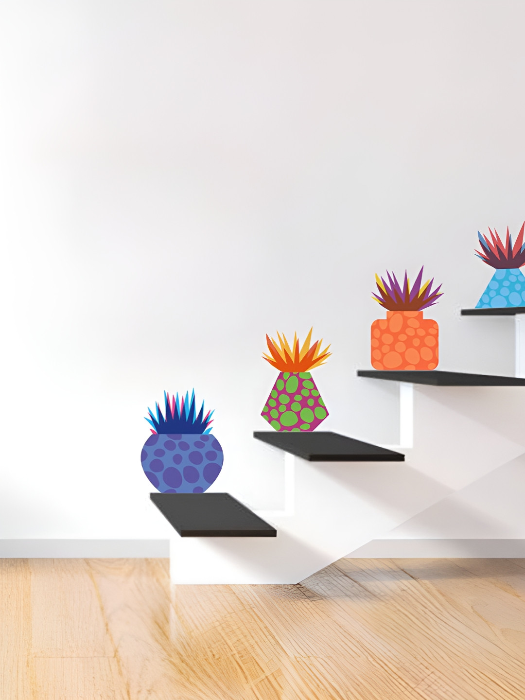 LANSTICK 4Pcs Blue & Green Printed Flower Pot Wall Stickers