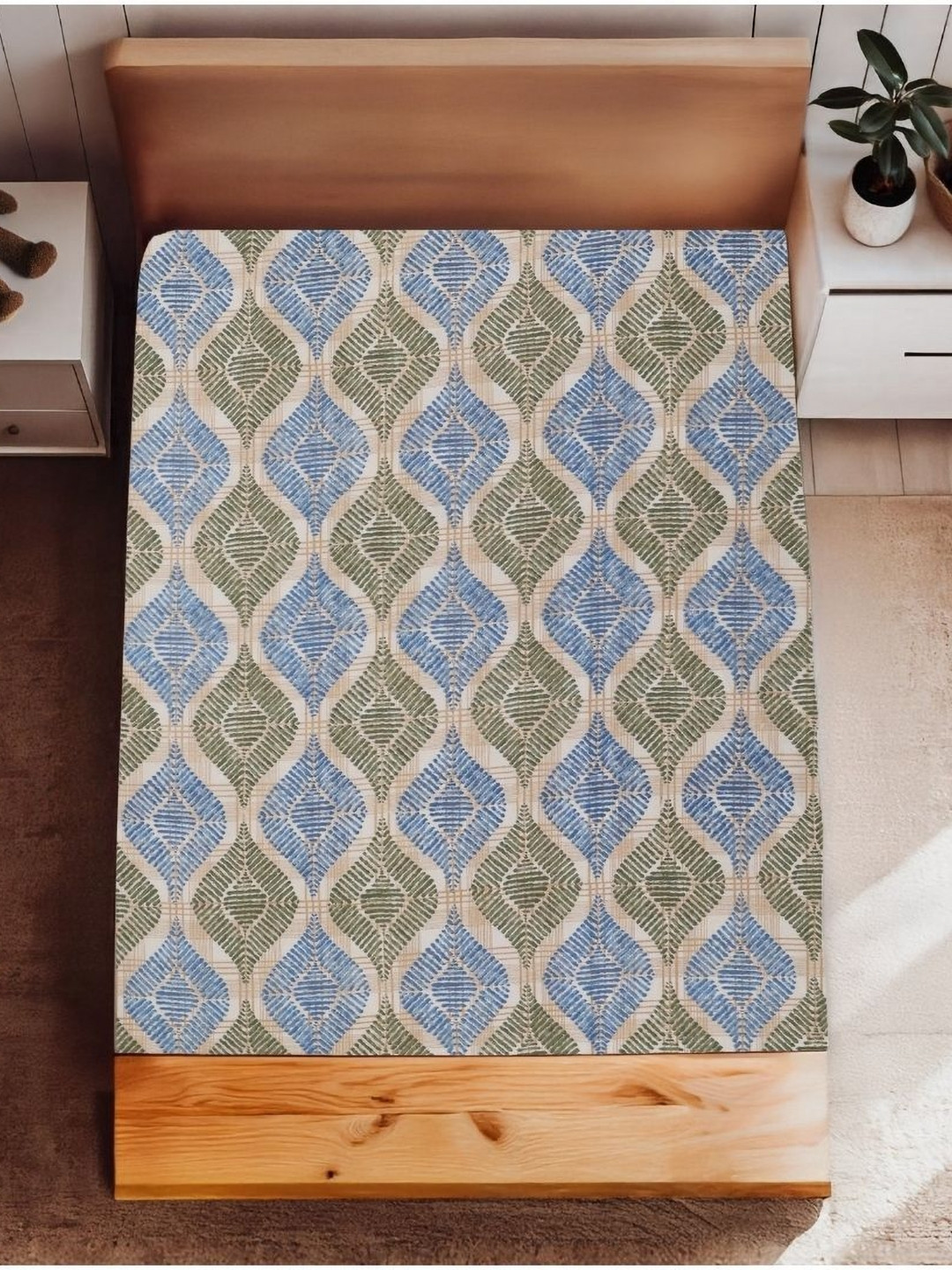 HARYANA HOOPS Blue & Green Printed 220 TC Cotton Single Bedsheet Set 1.53 m x 2.60 m