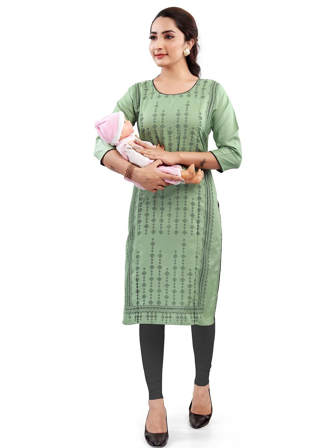 Mom&Bae Women Lime Green Cotton Blend Kurtis