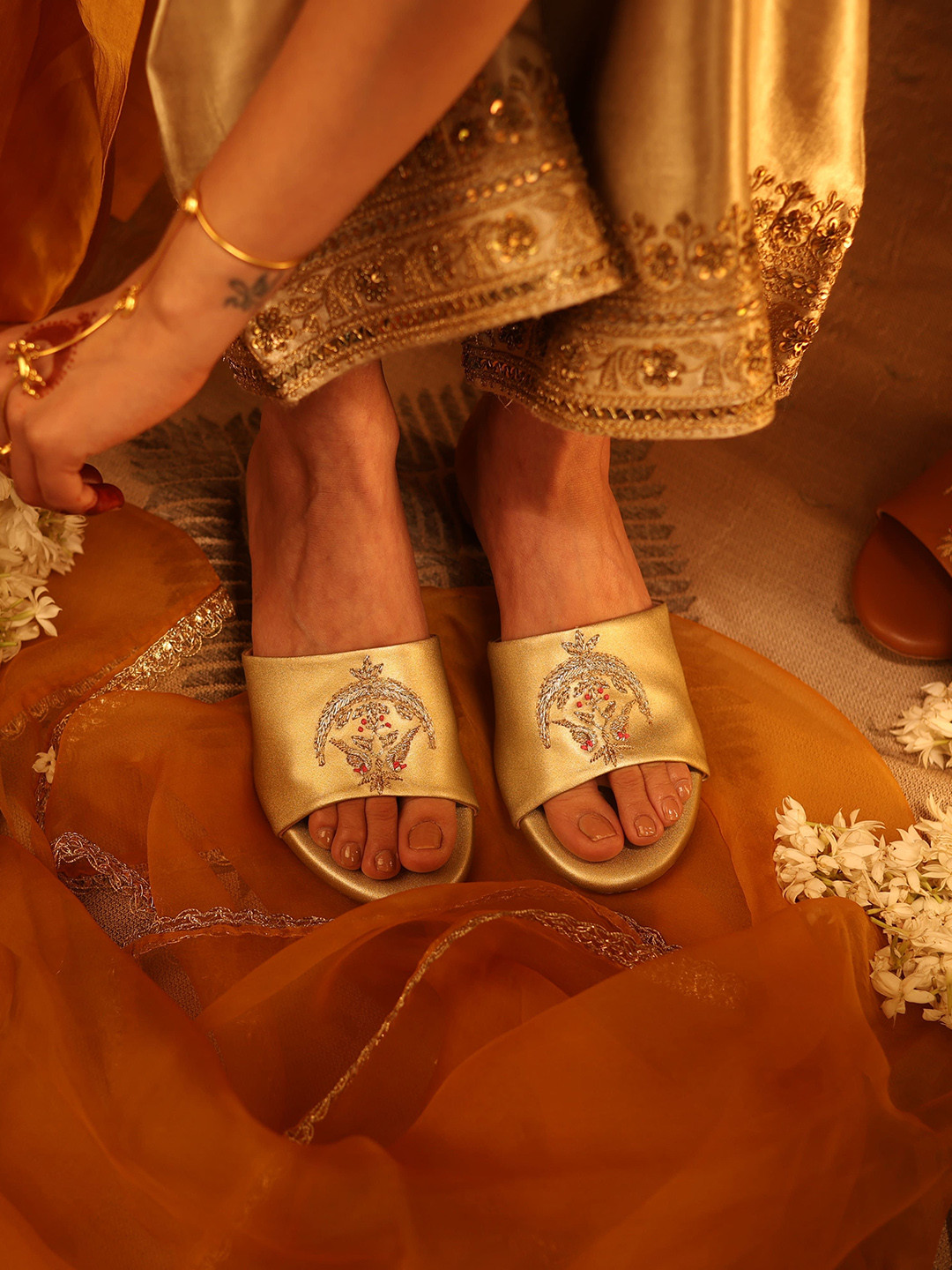 BIRDHOUSE Women Chand Heels Gold Luxe Metallic Finish Sandals