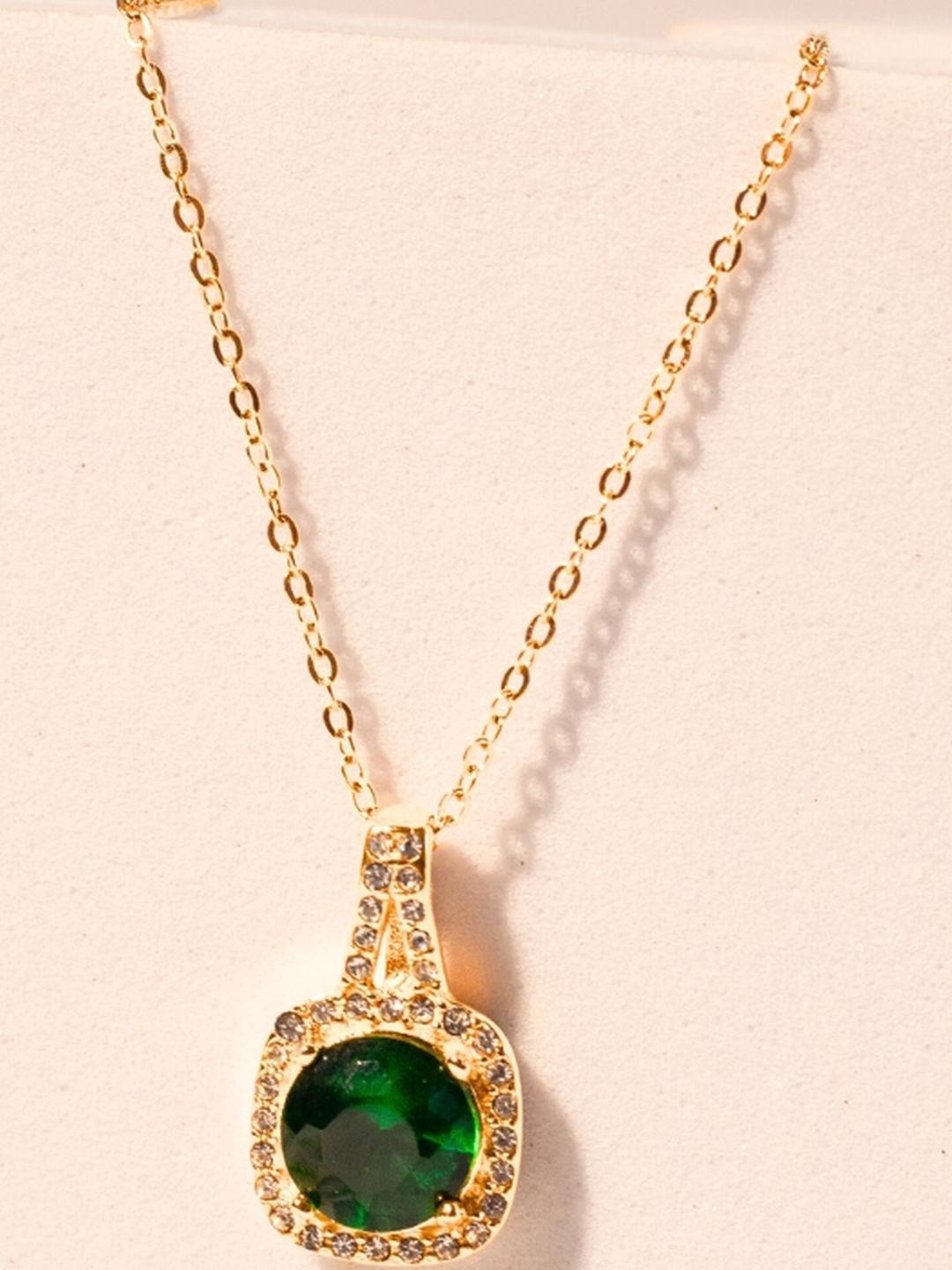 fwd Women Gold-Plated Green Stone Pendant with Chain