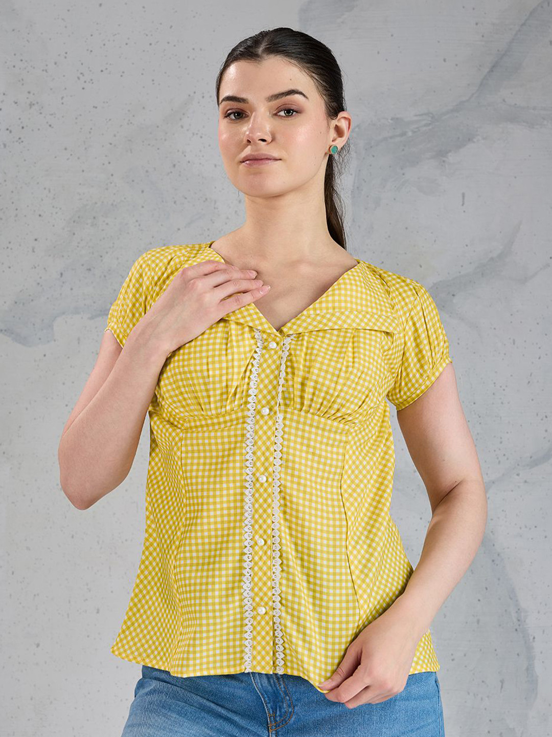 4WRD by Dressberry Women Gingham Checked Collarless Linen Casual Shirt