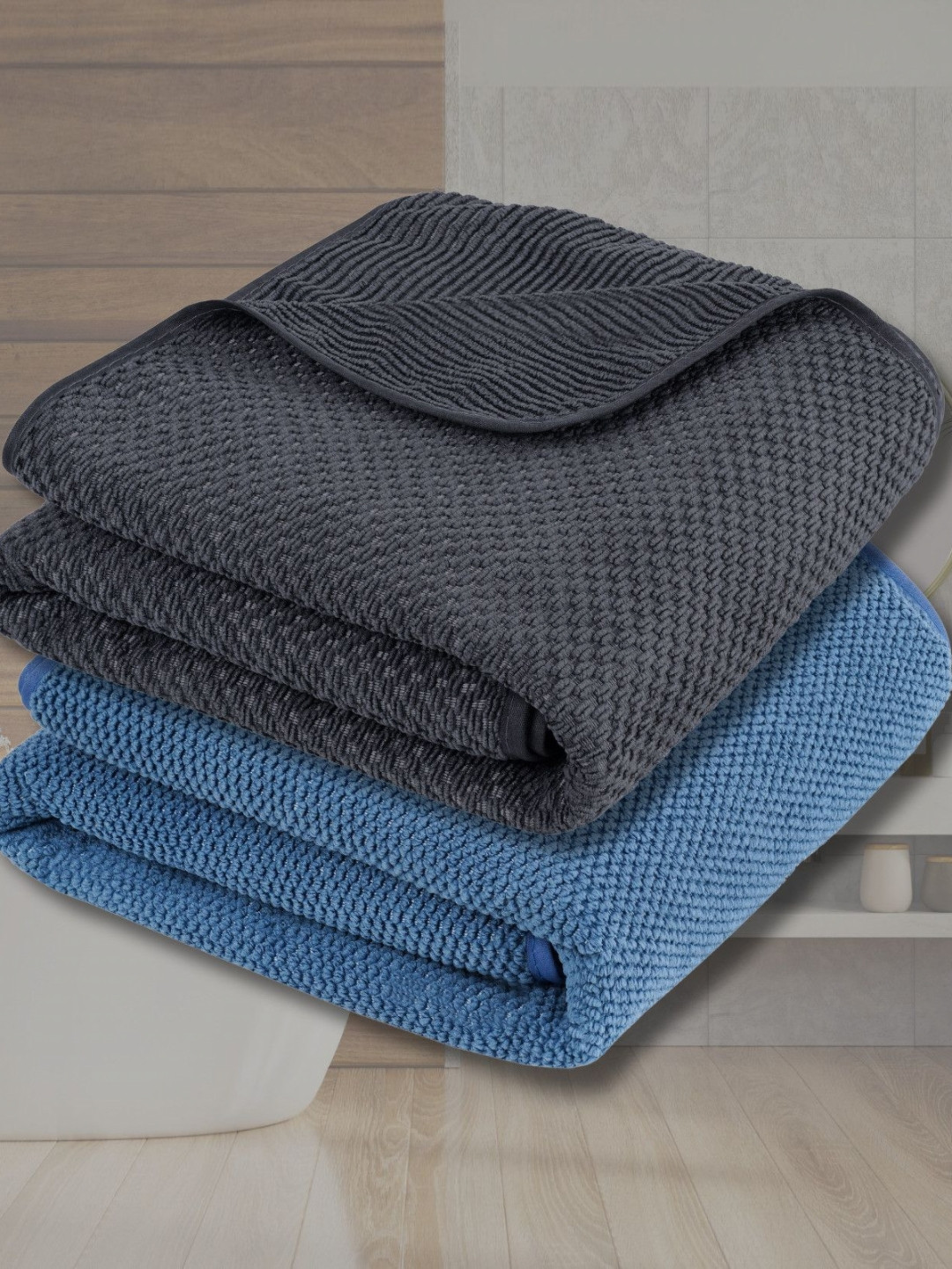 Fezora Grey & Blue 2 Pieces Microfiber 320 GSM Bath Towels