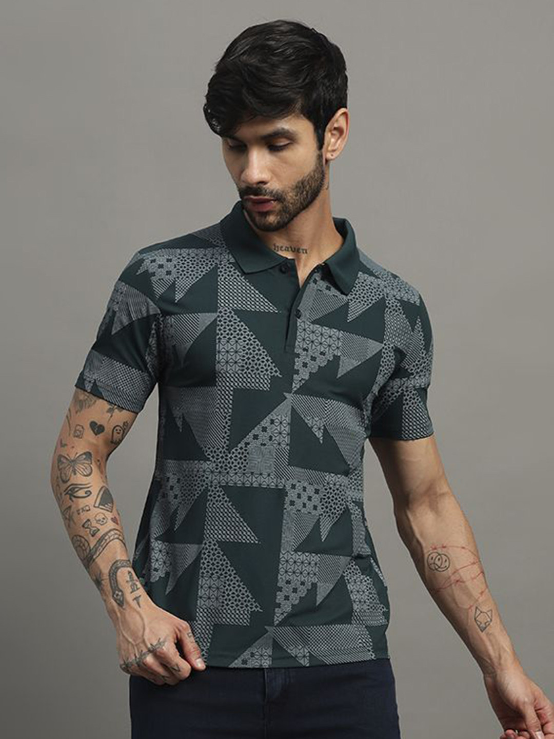 TIMBER HITCH Men Geometric Printed Polo Collar T-shirt