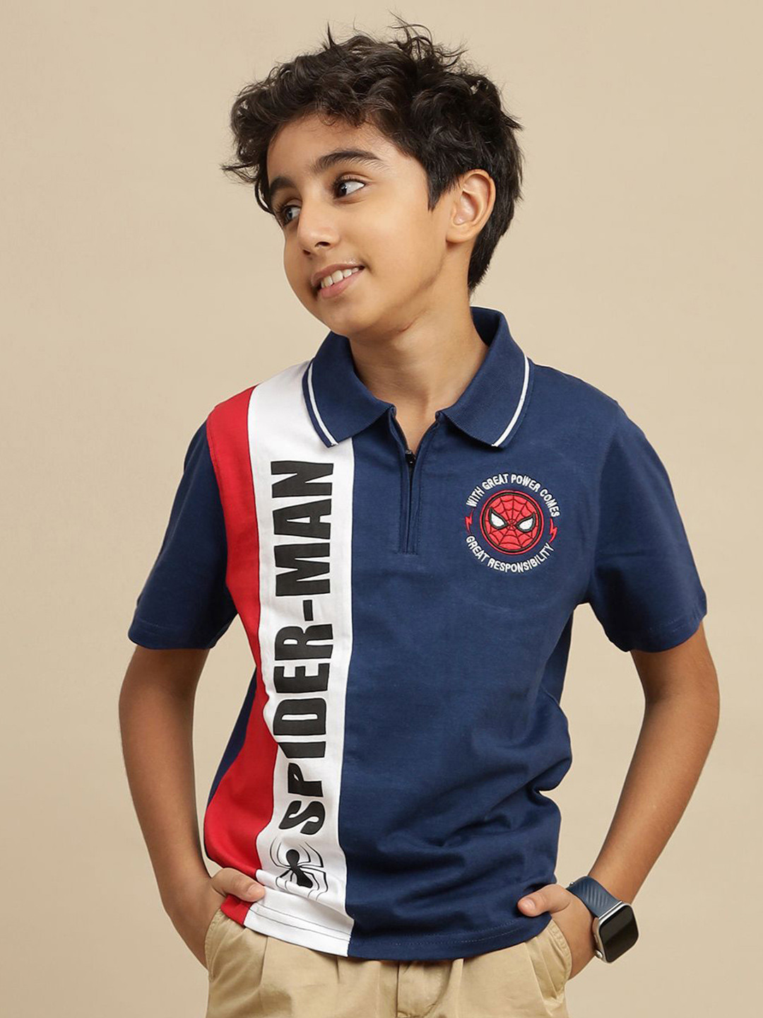 Kids Ville Boys Spider-Man Graphic Printed Polo Collar Pure Cotton Regular Fit T-shirt