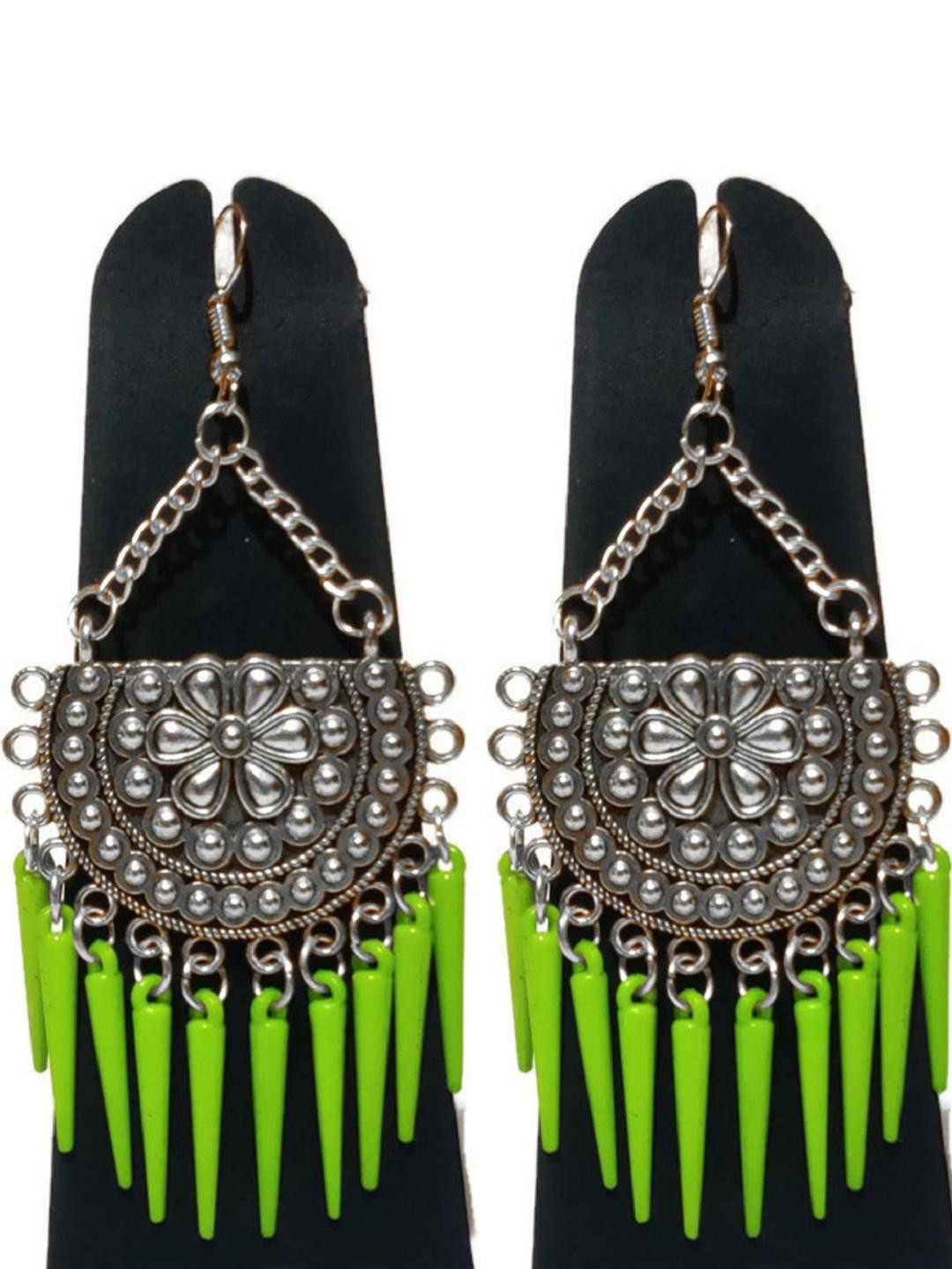 Weariton Silver Green Ethnic Earrings