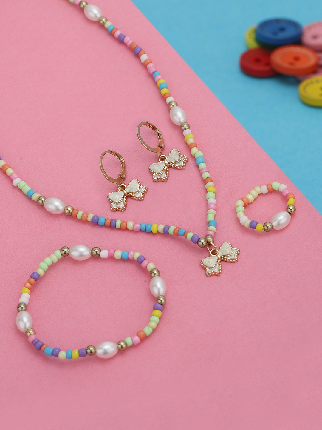 Carlton London Gold Plated Colorful Beads Pearl and Dangling Bow Enamel Jewellery Set for Girl