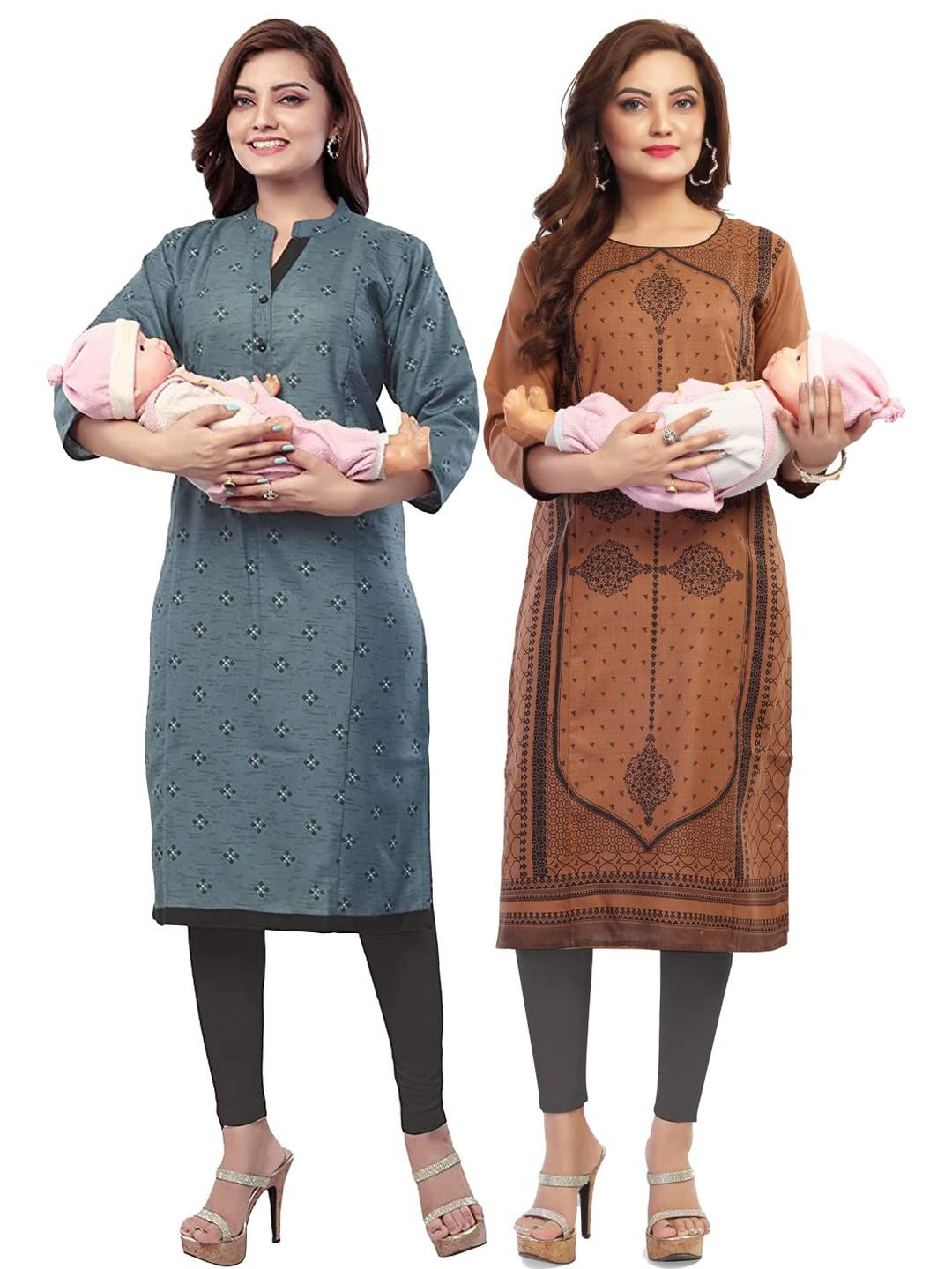 Mom&Bae Women Grey Cotton Blend Kurtis