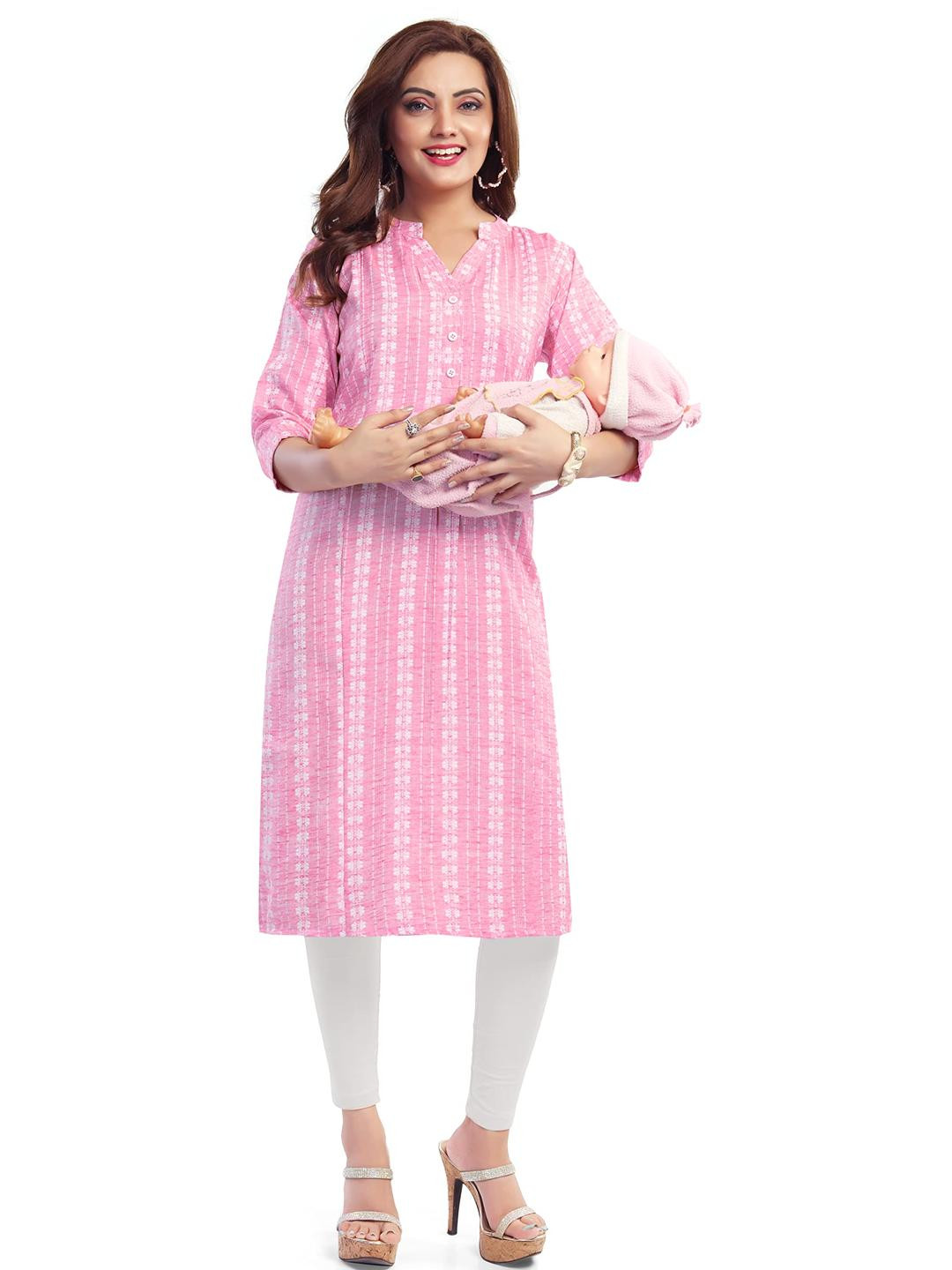 Mom&Bae Women Pink Cotton Blend Kurtis