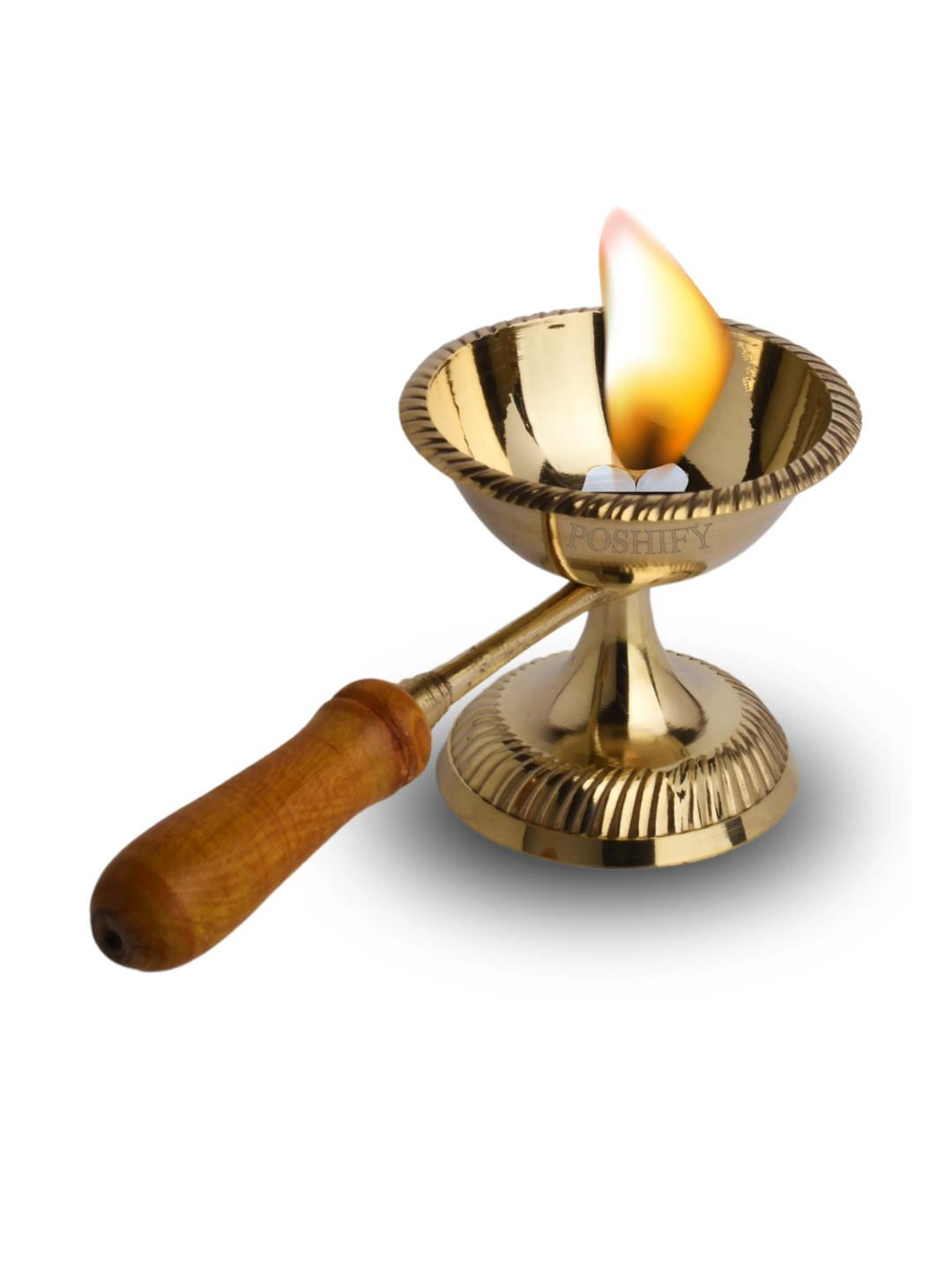 POSHIFY Gulab Brass Diya with Wooden Handle Pooja Essentials