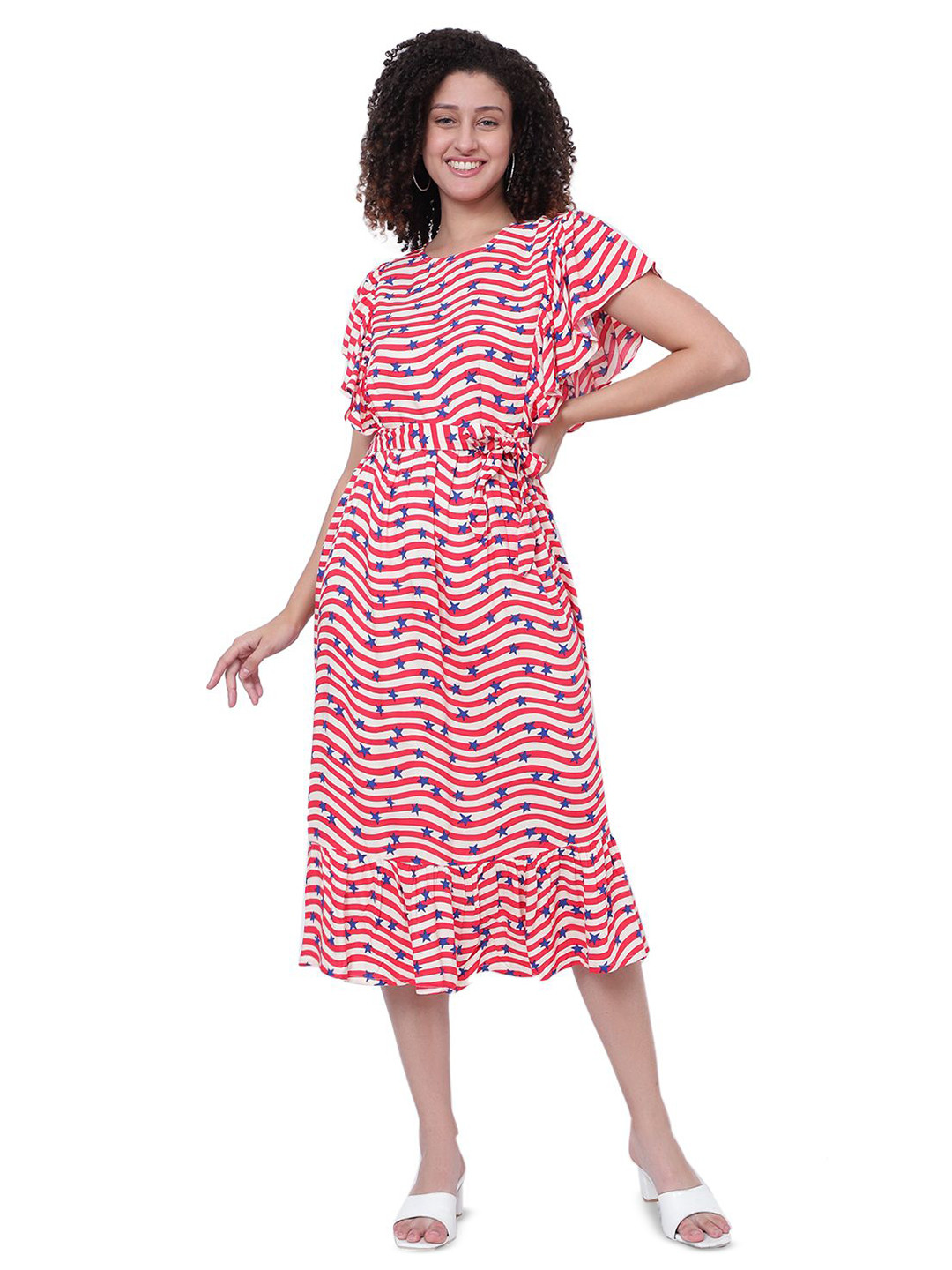 God's Club Women Star Printed Flared Sleeves Belted Detail Fit & Flare Midi Dress