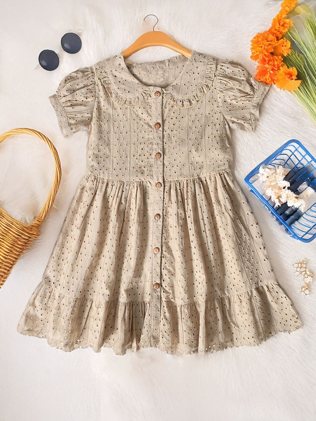 BAESD Girls Cotton Design Front Open Schiffli Fit & Flare Dress
