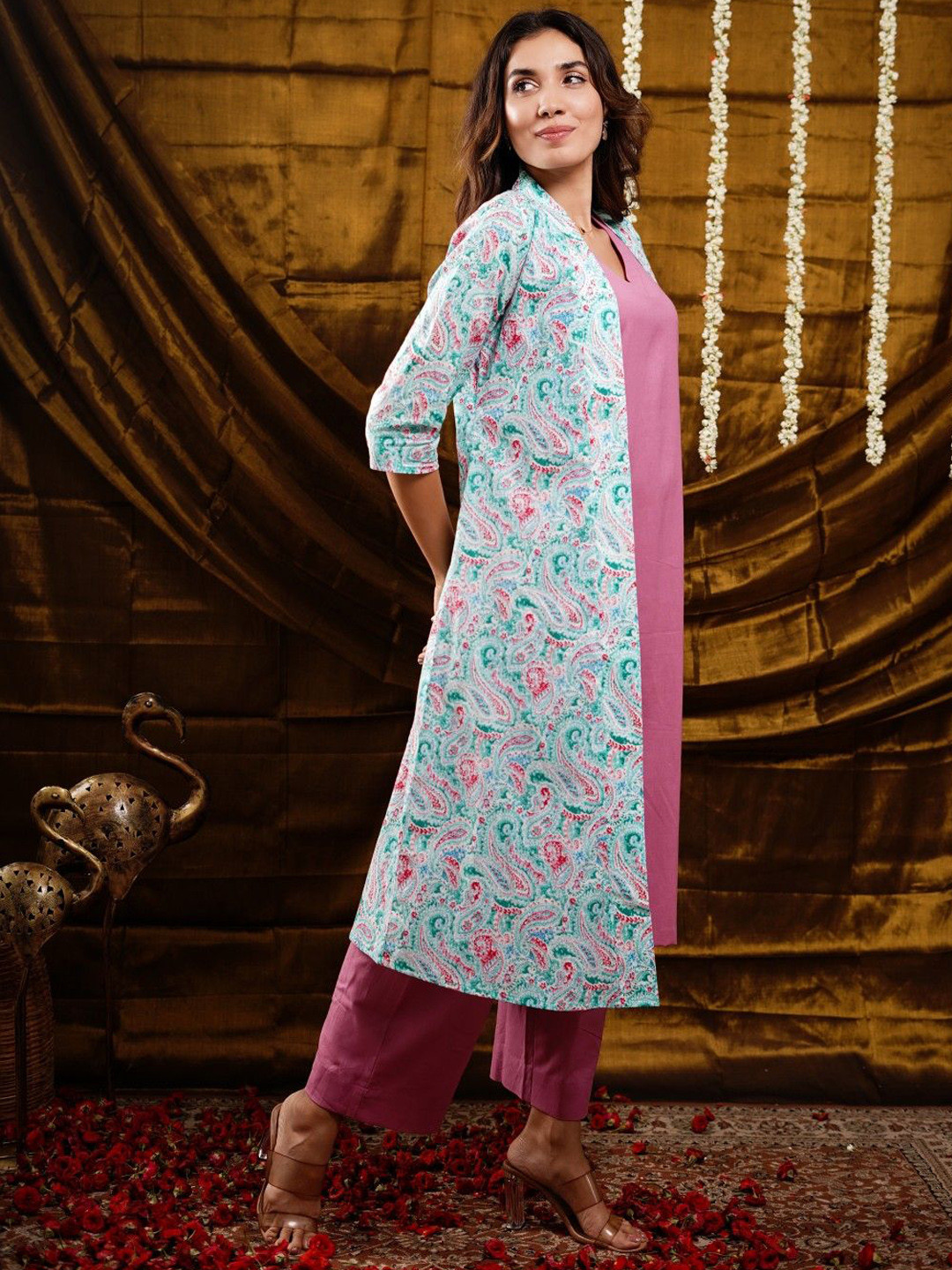 NEXSTYLO Women Regular Pure Cotton Kurta set With Long Printed Jacket