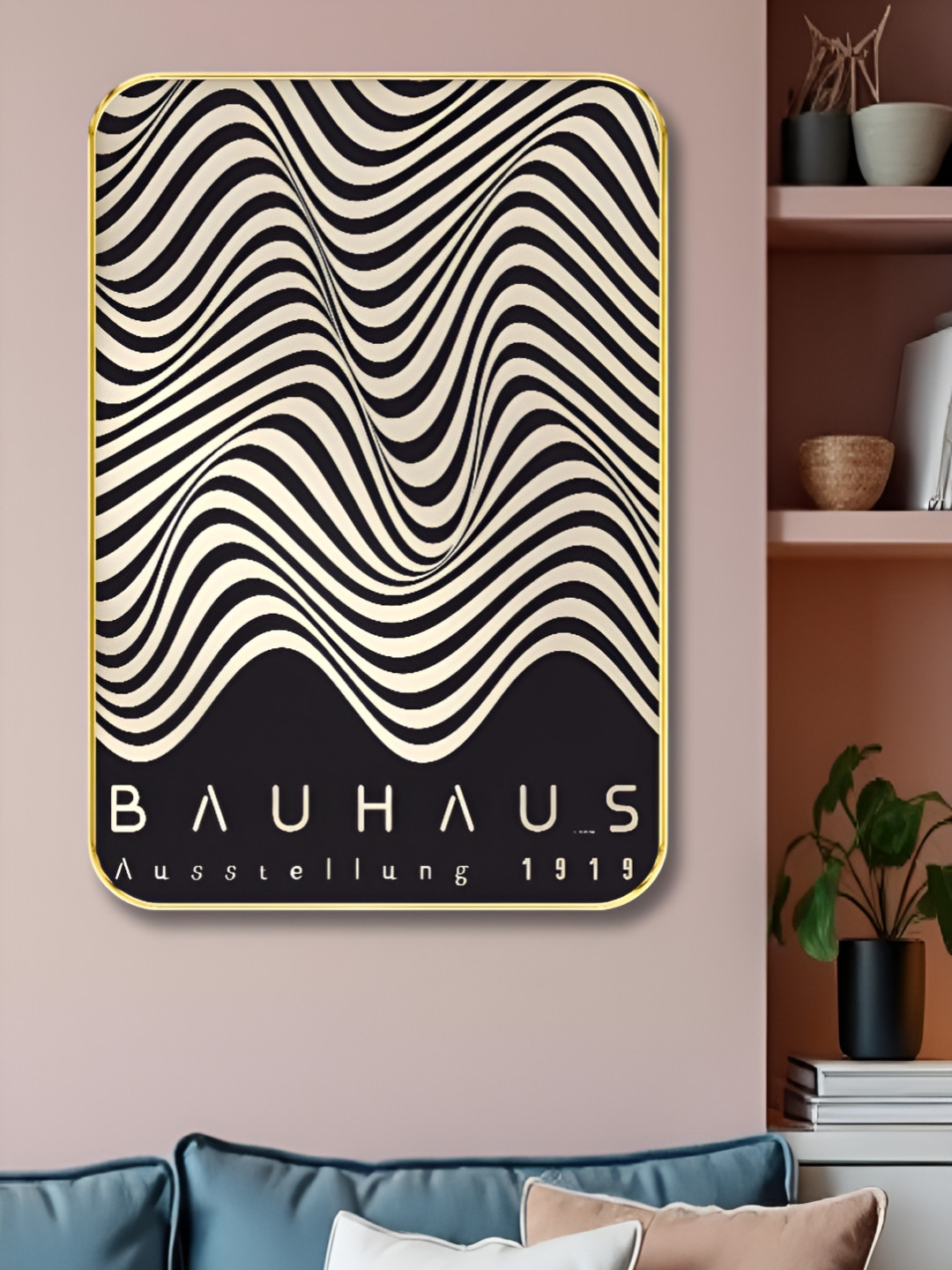 Livin'luxe Beige & Black Bauhaus Wavy Line Printed Wall Art