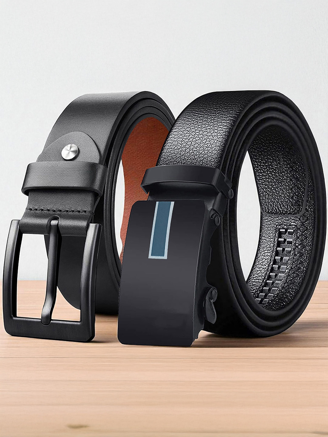 Provogue Set of 2 Men Leather Belts with Tang & Slider Buckle