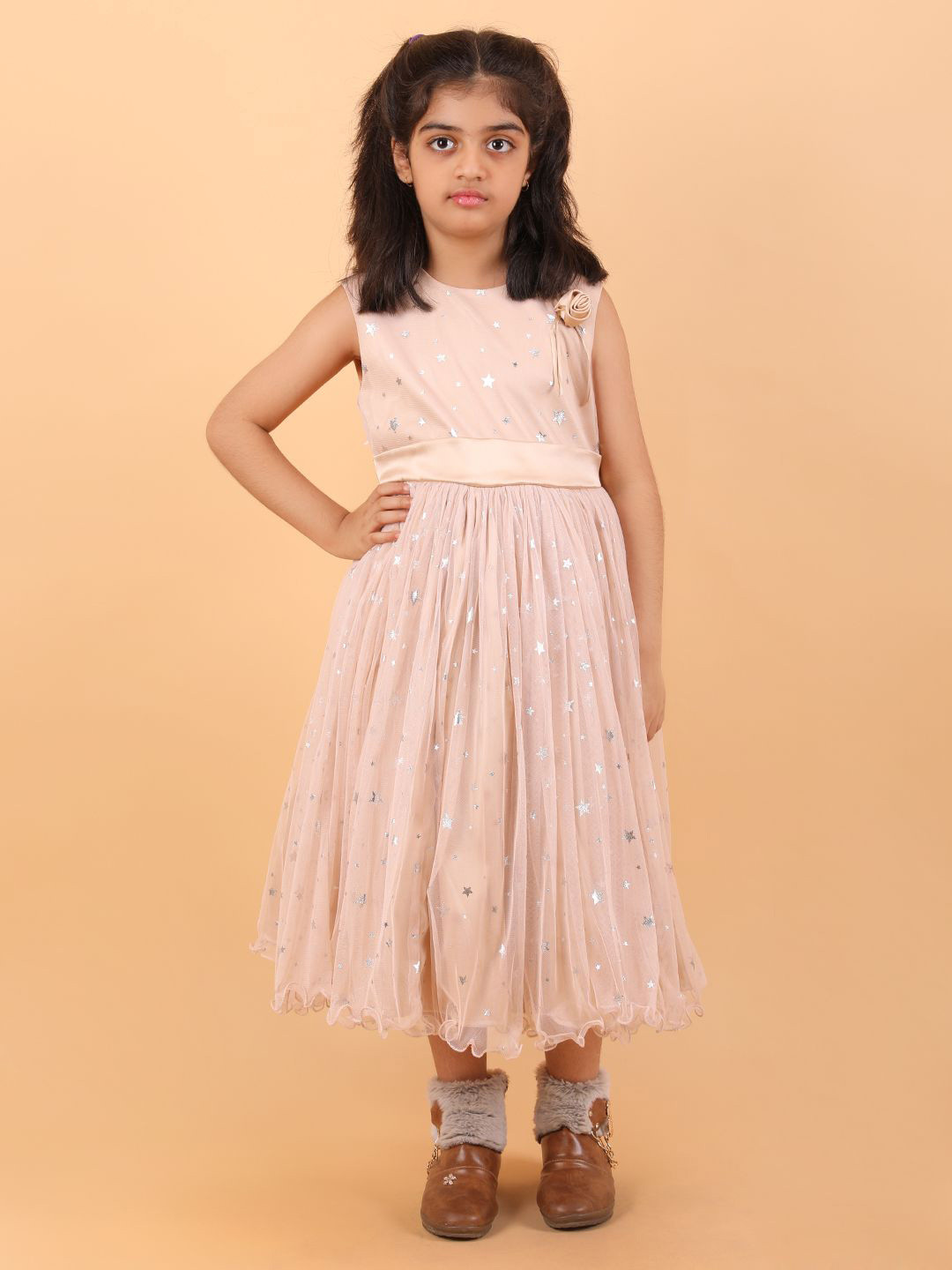 CALYX CLOTHING Girls Stars Embellished Applique Satin Fit & Flare Midi Dress with Belt