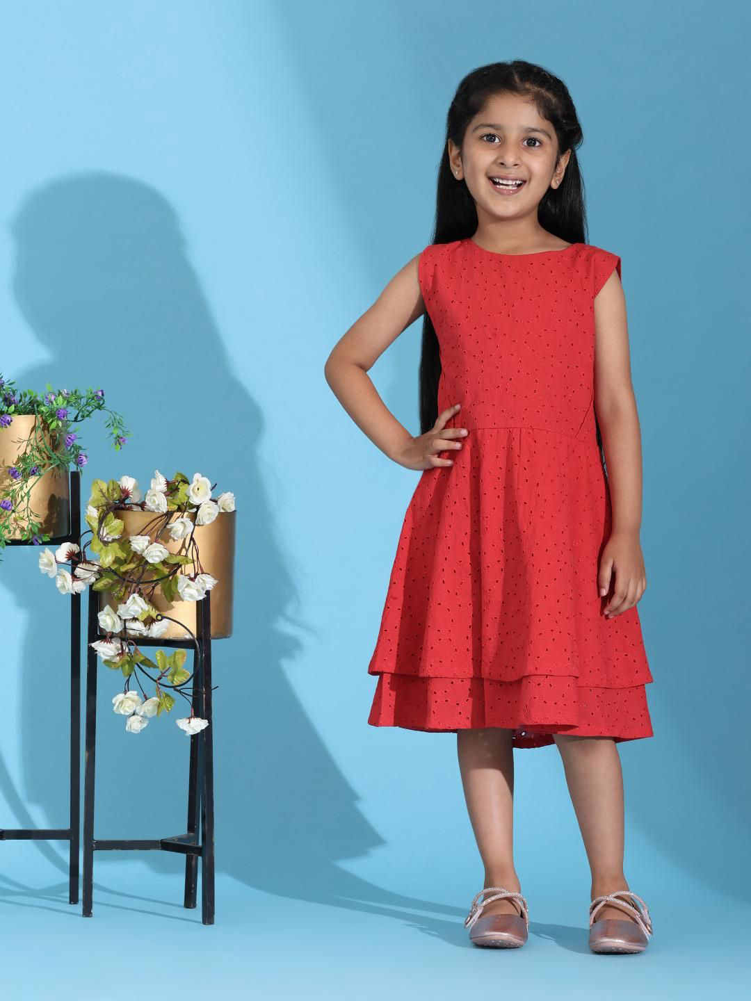 SPIN N TALES Girls Schiffli Layered Cotton Fit & Flare Dress