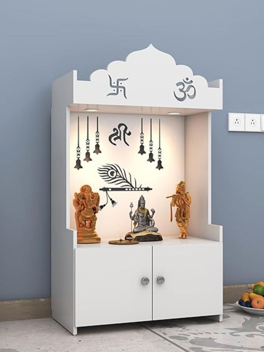 ANIKAA White Engineered Wooden LED Light Home Temple
