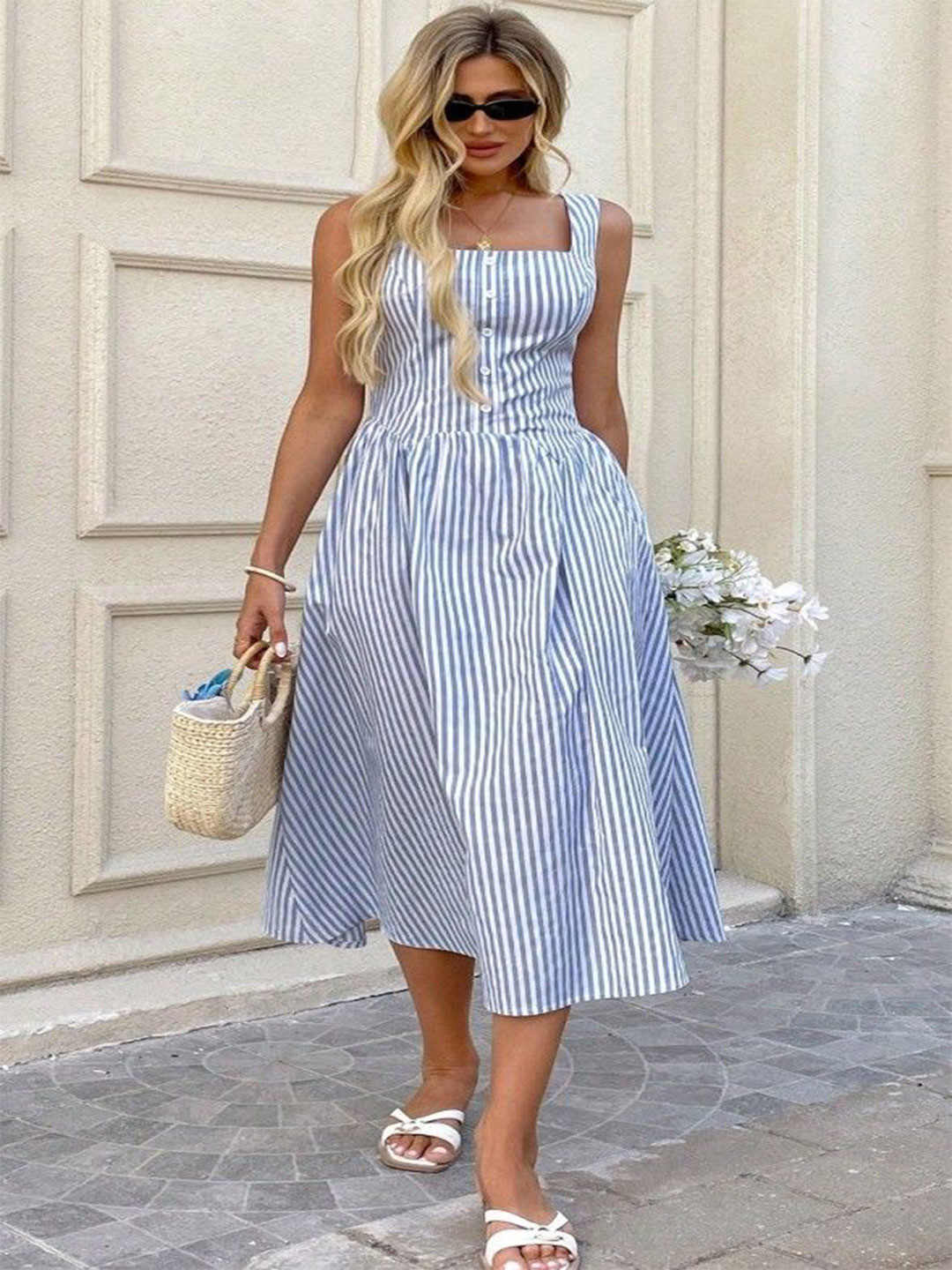 ELYRAA Women Striped Print Square Neck Fit and Flare Dress