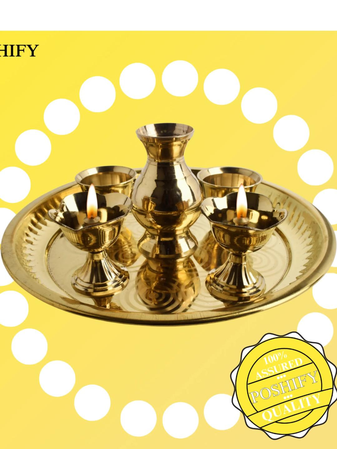 POSHIFY Pooja Thali Set: 1 Kalash, 2 Diyas, 2 Katoris - Brass Puja Plate Set for Daily Worship