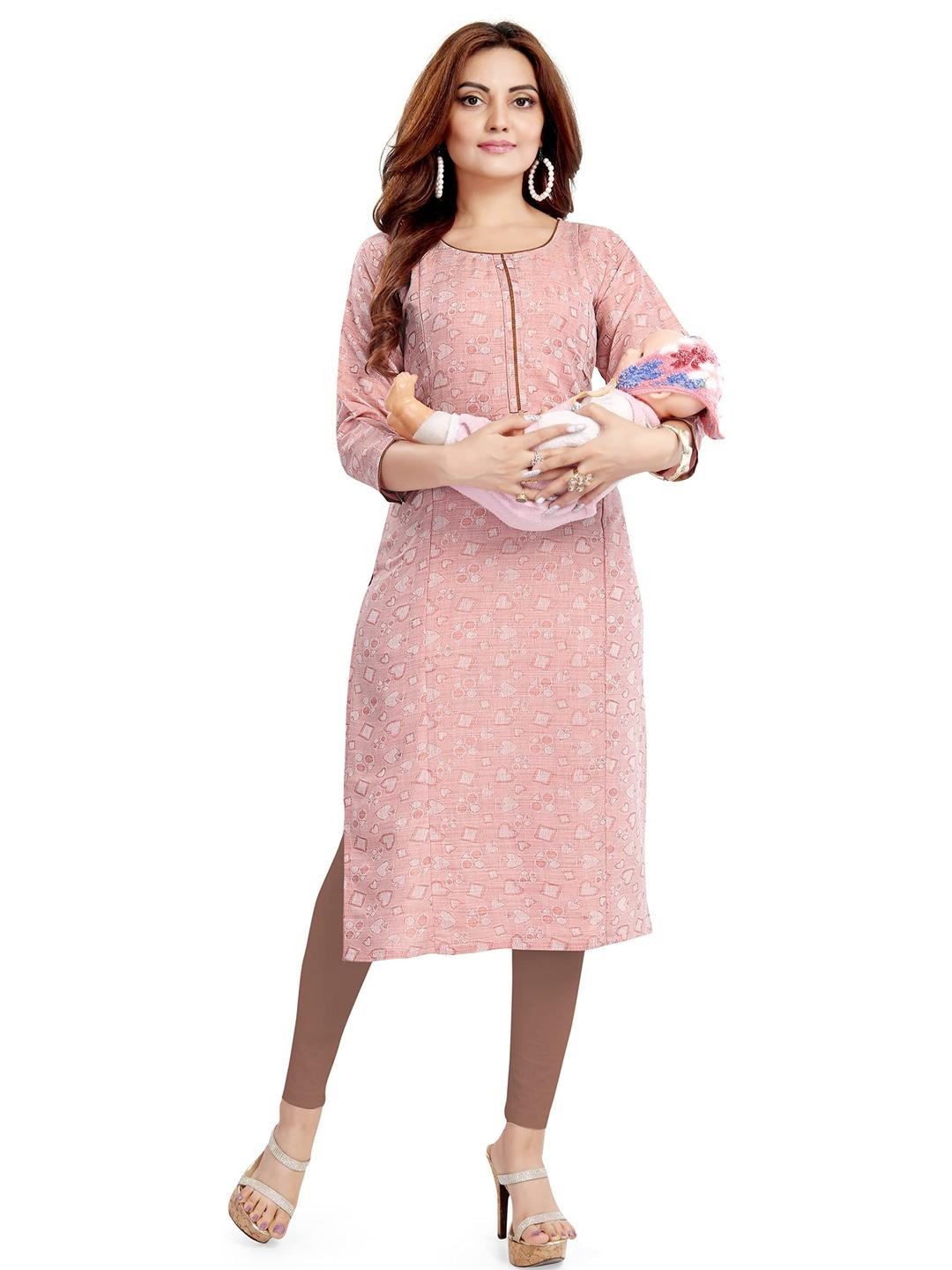 Mom&Bae Women Pink Cotton Blend Kurtis