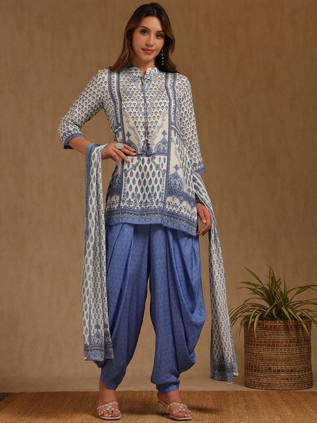 Soch Floral Printed Mandarin Collar Muslin Straight Fusion Kurti With Dhoti Pants & Dupatta