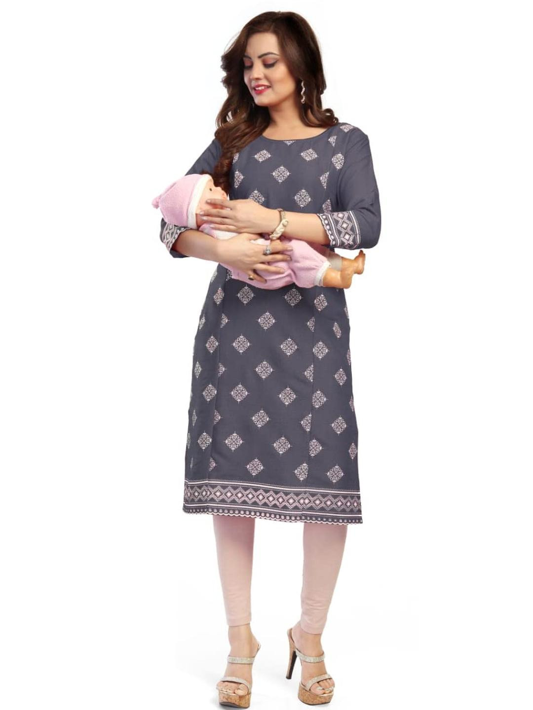 Mom&Bae Women Grey Viscose Rayon Kurtis