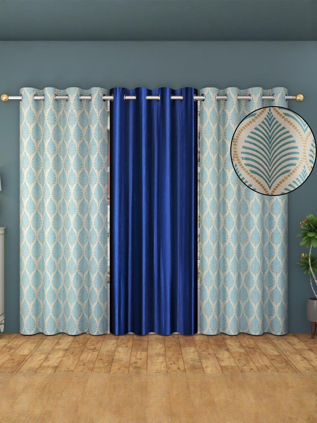 AADI TRADERS Navy Blue Set of 3 Floral Window Curtain