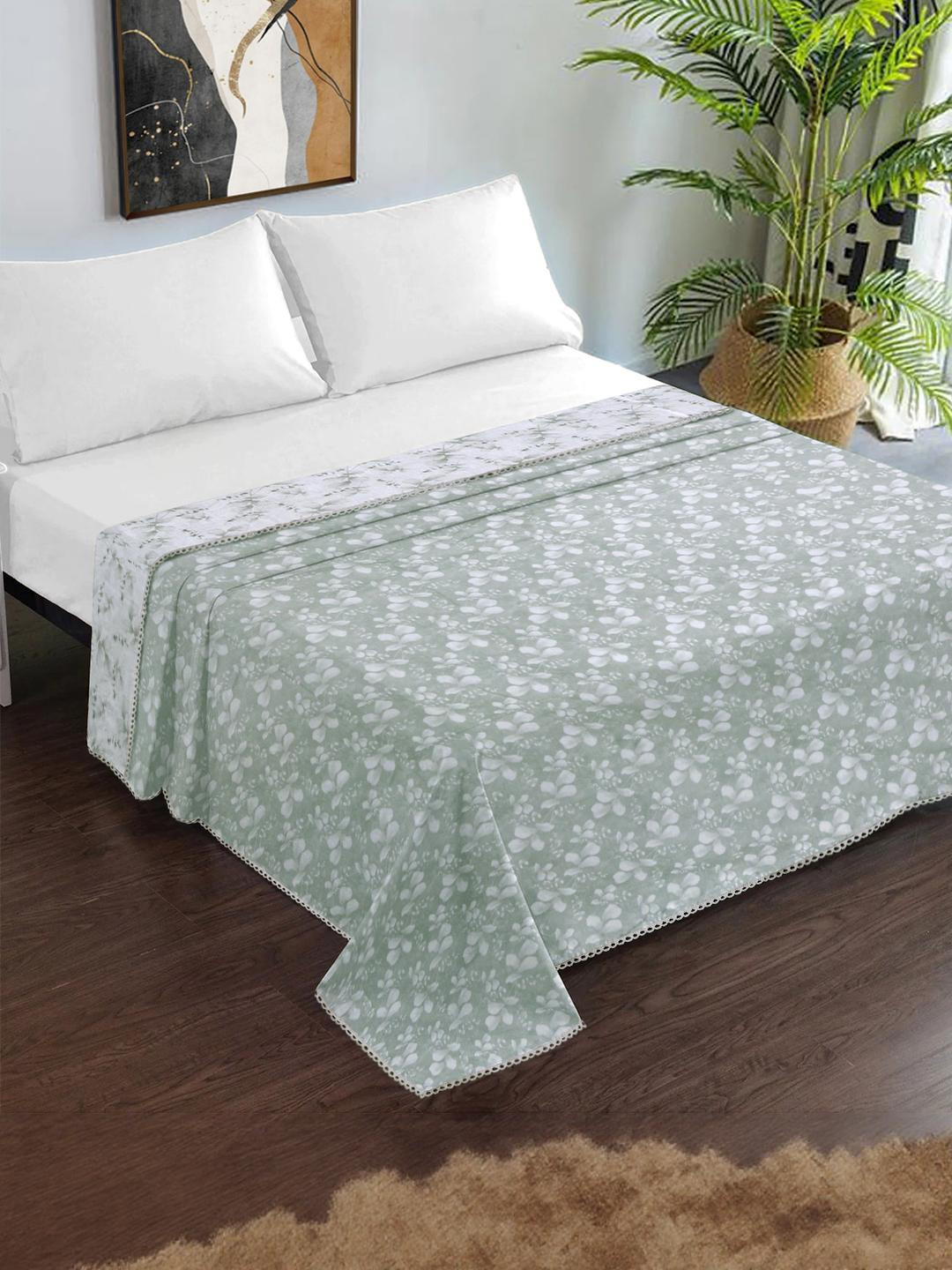 KLOTTHE Green & White Floral Double Bed Dohar