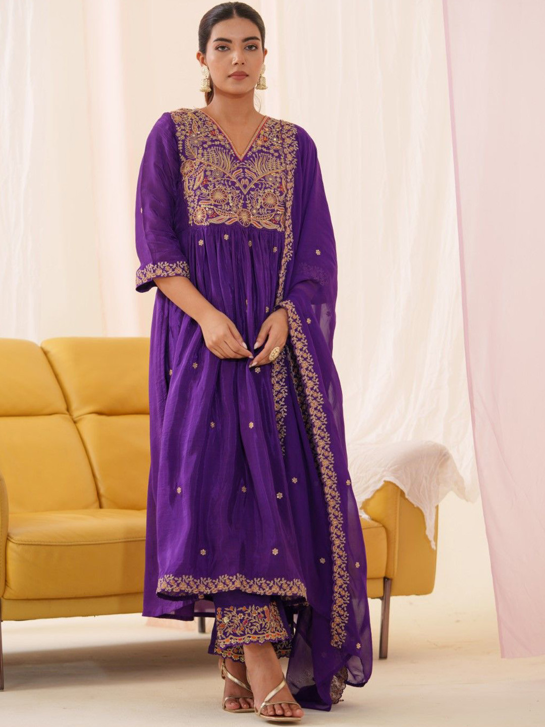 AUTUMN LANE Women Ethnic Motif Embroidered Tashvika Plum Full Work Suit Set