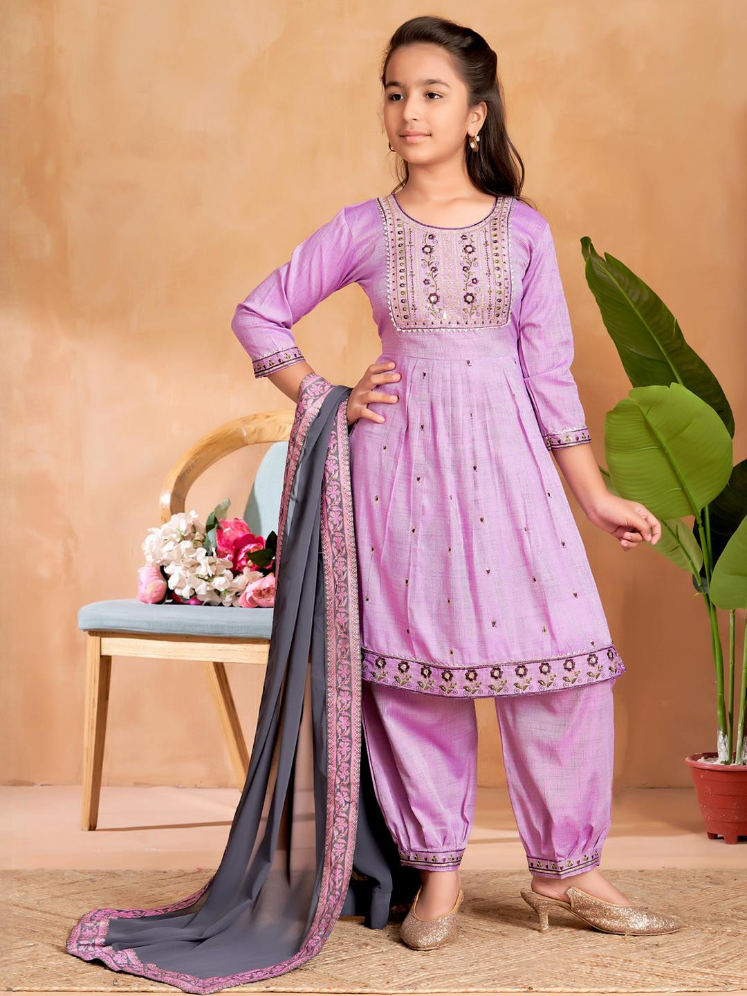Muhuratam Girls Purple Cotton Blend Kurta Sets