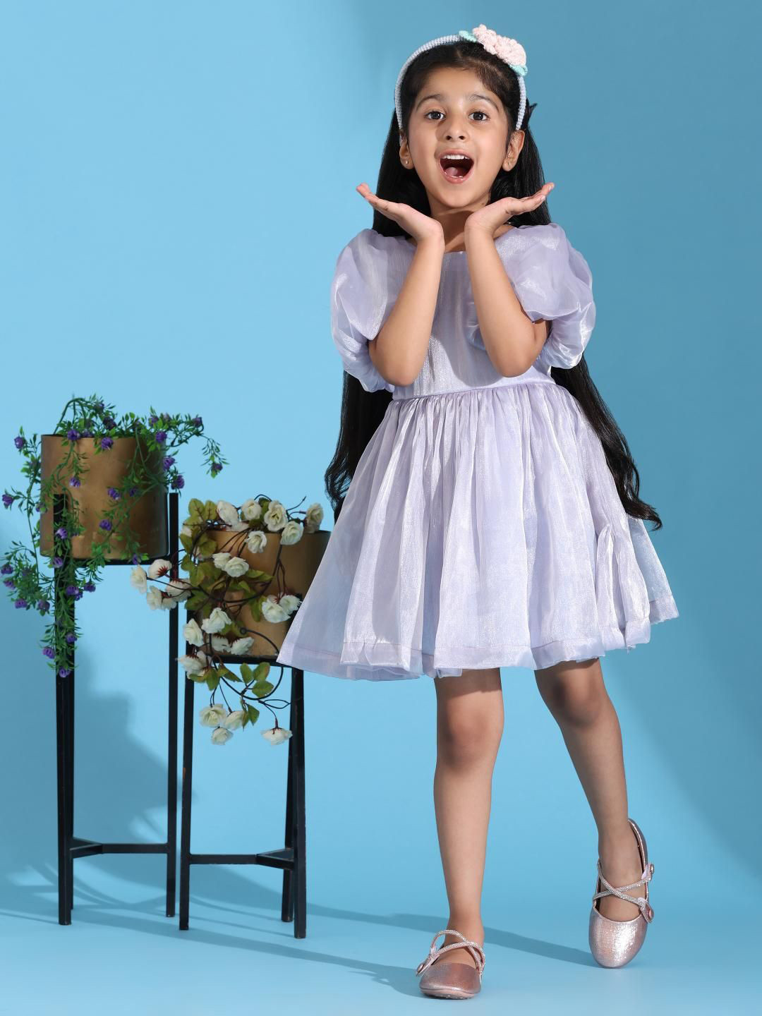 SPIN N TALES Girls Puff Sleeves Bow Fit & Flare Dress