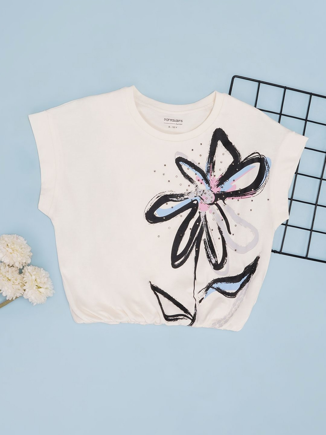 Pantaloons Junior Girls Floral Printed Round Neck Pure Cotton Boxy T-shirt