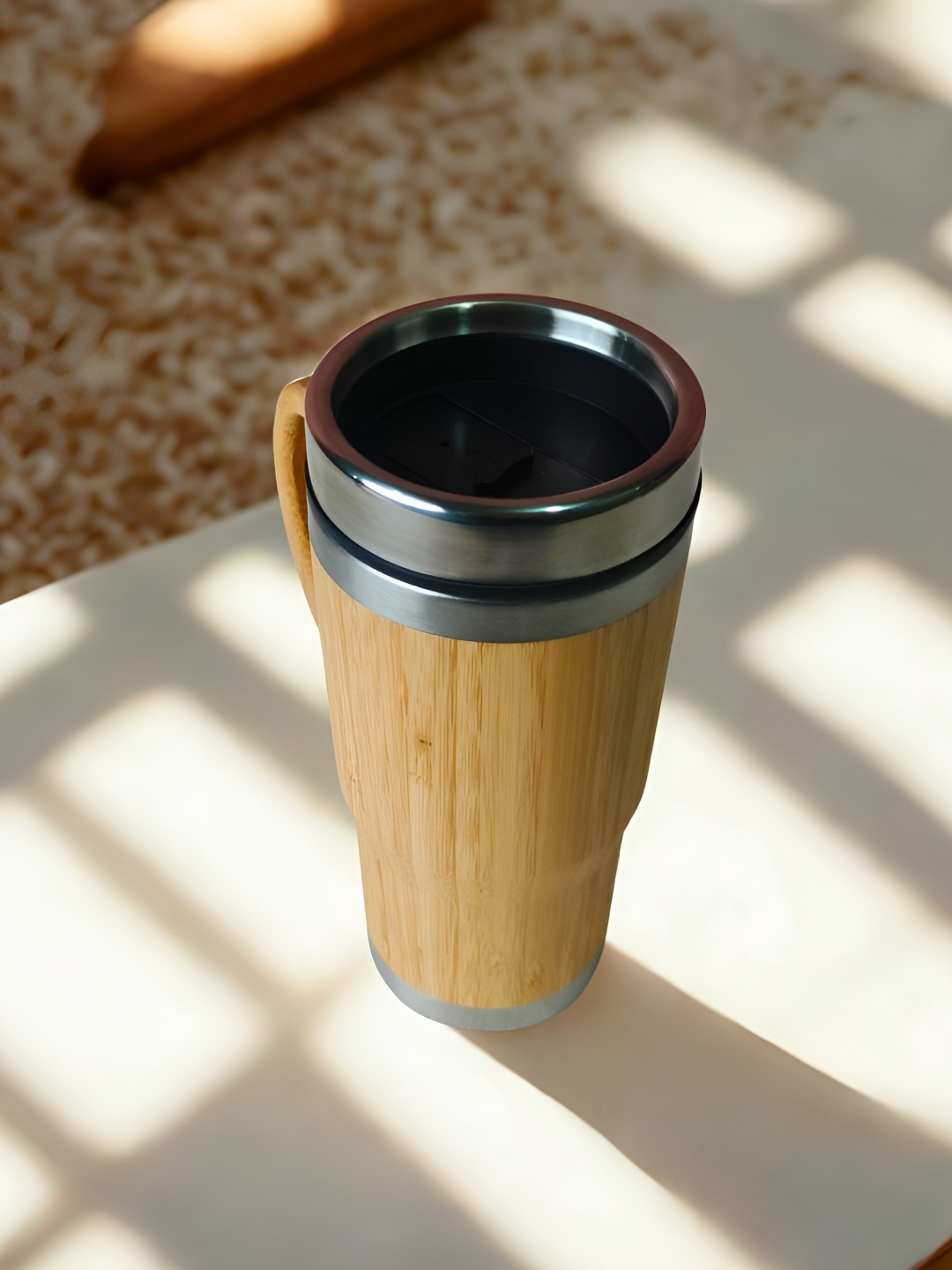 THE HOME CO. Brown & Black Stainless Steel Matte Mug With Lid And Handle 300 ml