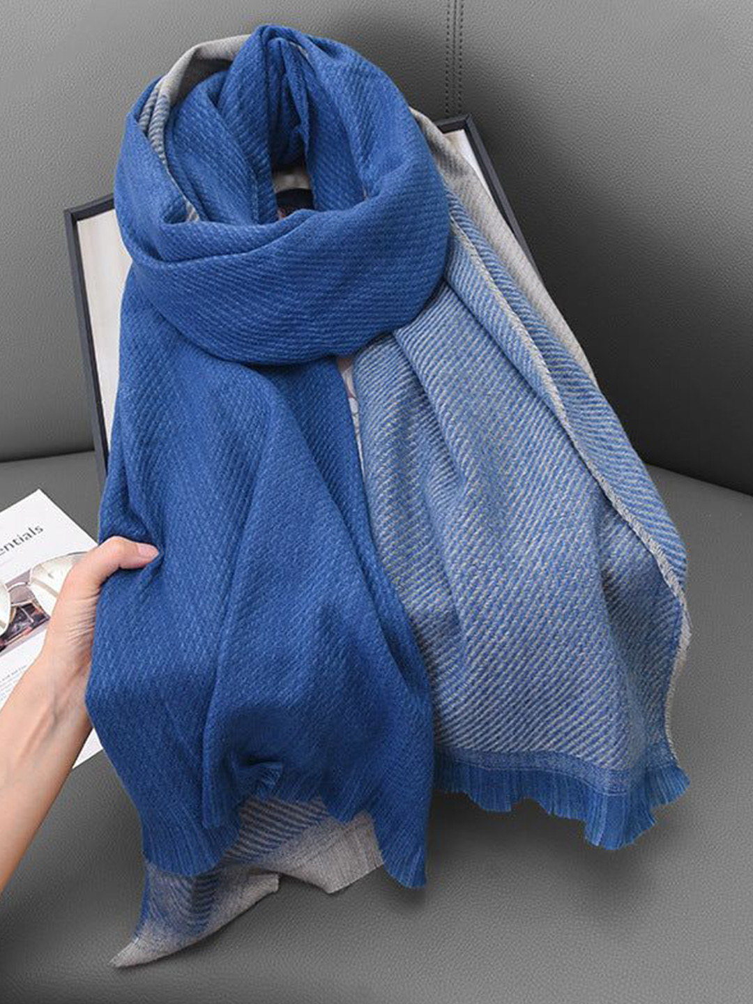 QUECY Women Color-Blocked Silk Stole With Fringed Border