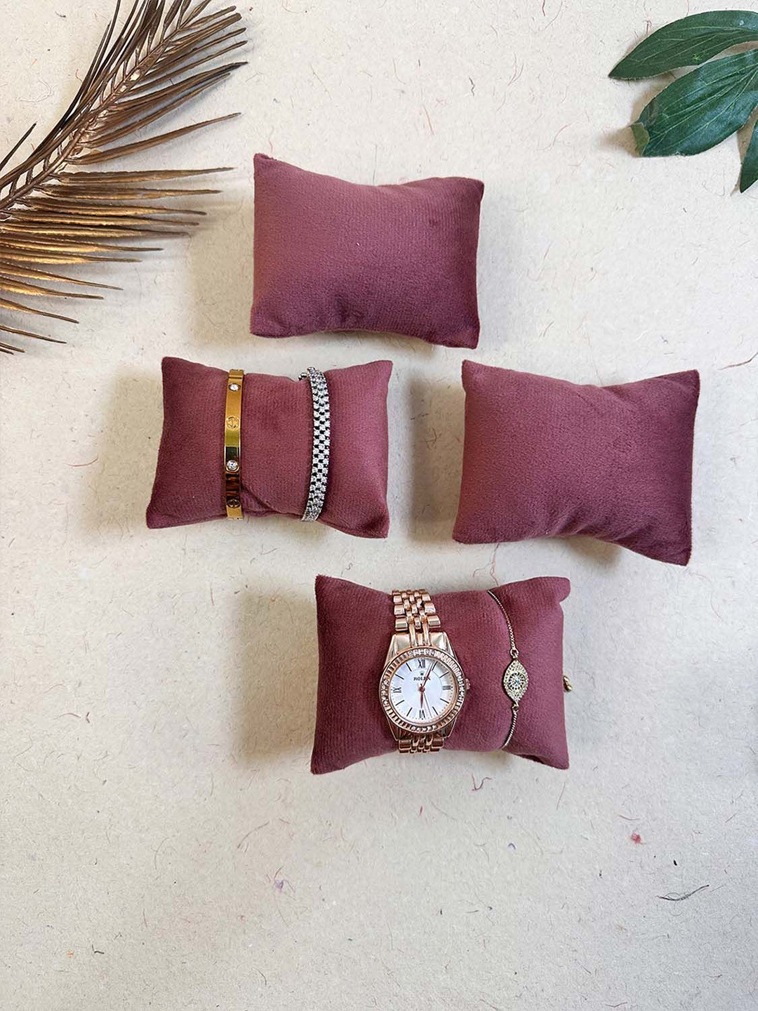 La Trove Set of 4 Darkpink Velvet Wrist Watch Organiser Pillow Cushion