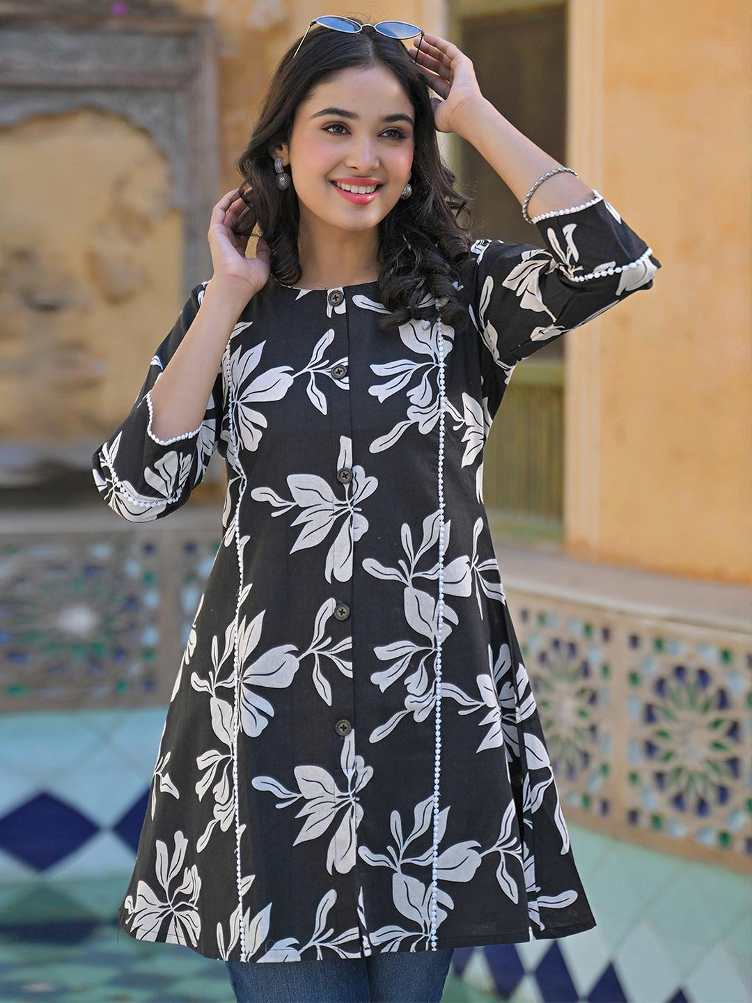 Peachmode Women Black & White Floral Print Viscose Rayon Top