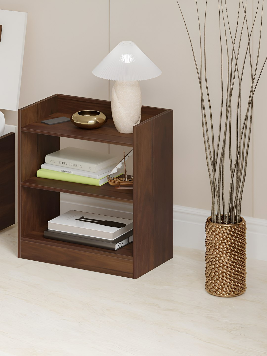 bluewud Brown Wooden Rectangle Bedside Table